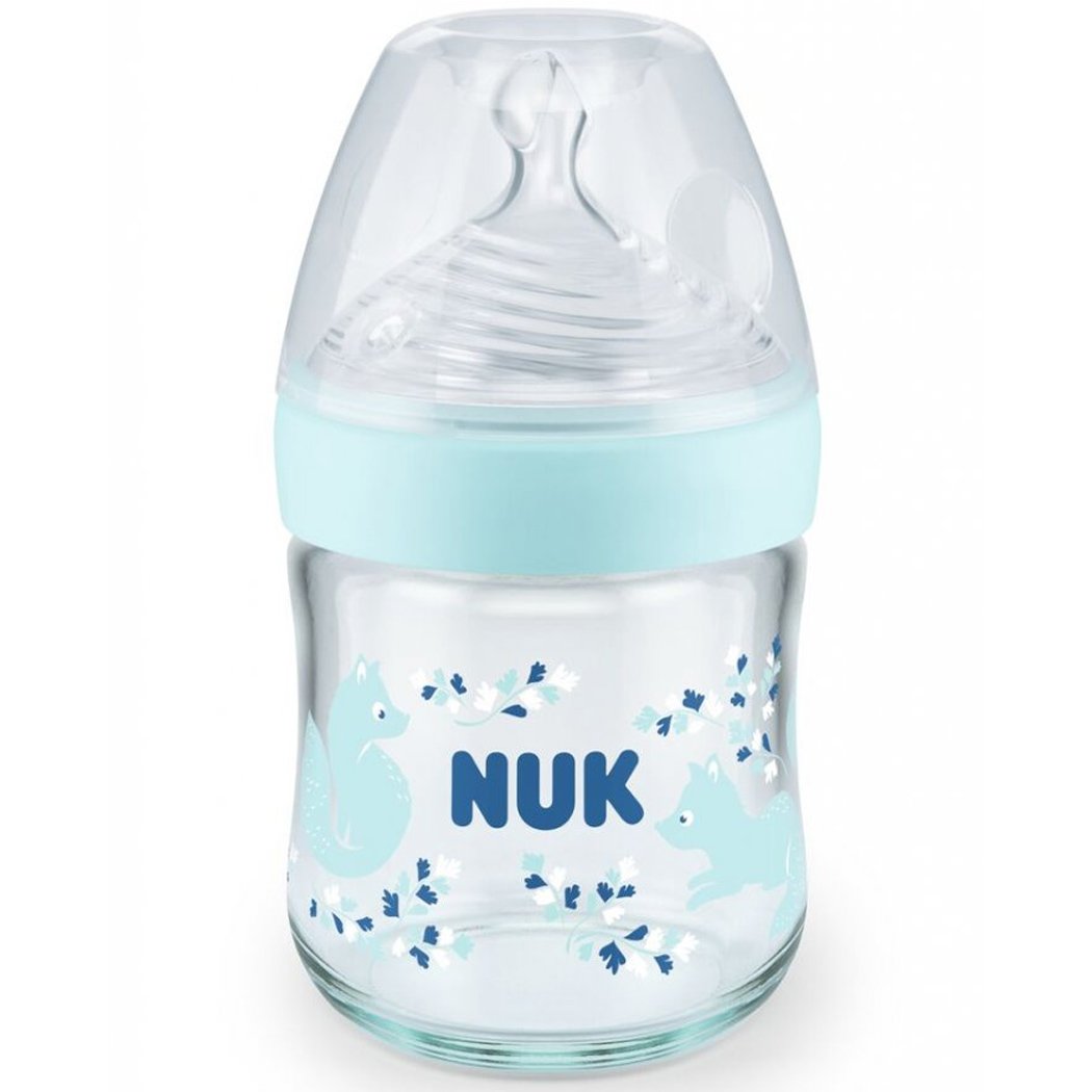 Nuk Nature Sense Glass Bottle Silicone Small Γυάλινο Μπιμπερό με Δείκτη Ελέγχου Θερμοκρασίας & Θηλή Σιλικόνης Από την Γέννηση 120ml - Γαλάζιο 48545