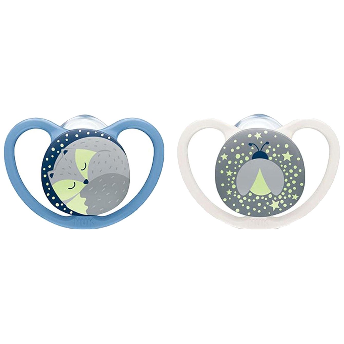 Nuk Space Night Silicone 6-18m Ορθοδοντική Πιπίλα Σιλικόνης που Λάμπει στο Σκοτάδι από 6-18 Μηνών 2 Τεμάχια – Μπλε – Άσπρο