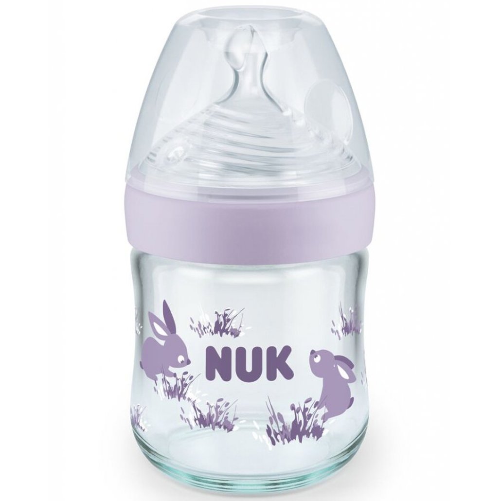 Nuk Nature Sense Glass Bottle Silicone Small Γυάλινο Μπιμπερό με Δείκτη Ελέγχου Θερμοκρασίας & Θηλή Σιλικόνης Από την Γέννηση 120ml - Μωβ