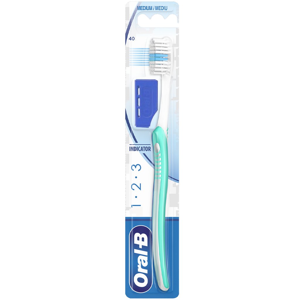 Oral-B 123 Indicator Medium Toothbrush 40mm Χειροκίνητη Οδοντόβουρτσα, Μέτρια 1 Τεμάχιο – Τιρκουάζ / Μπλε