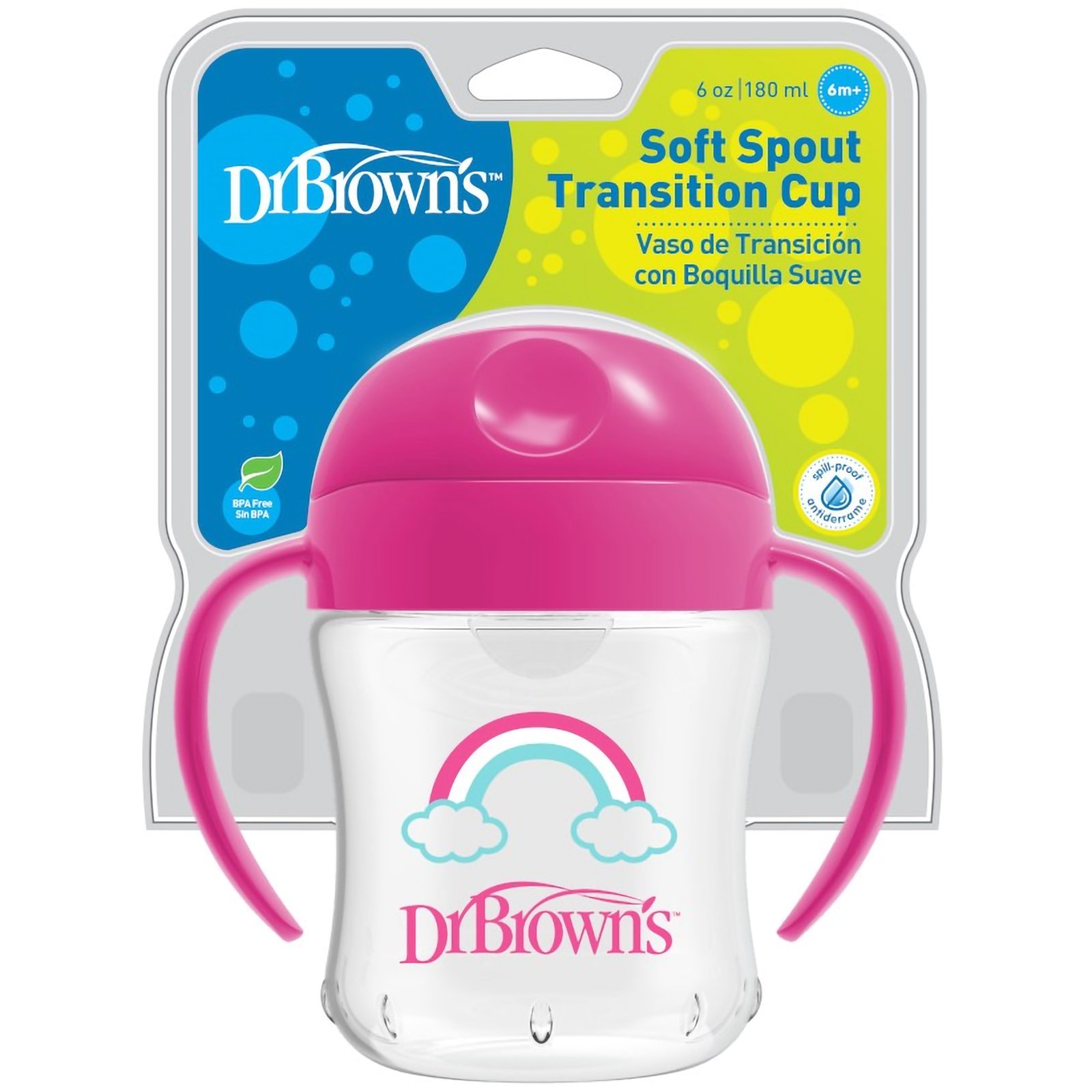 Dr. Brown's Soft Spout Transition Cup Εκπαιδευτικό Κύπελλο με Λαβές & Μαλακό Στόμιο 6m+, 180ml, Κωδ TC61001 - Ροζ