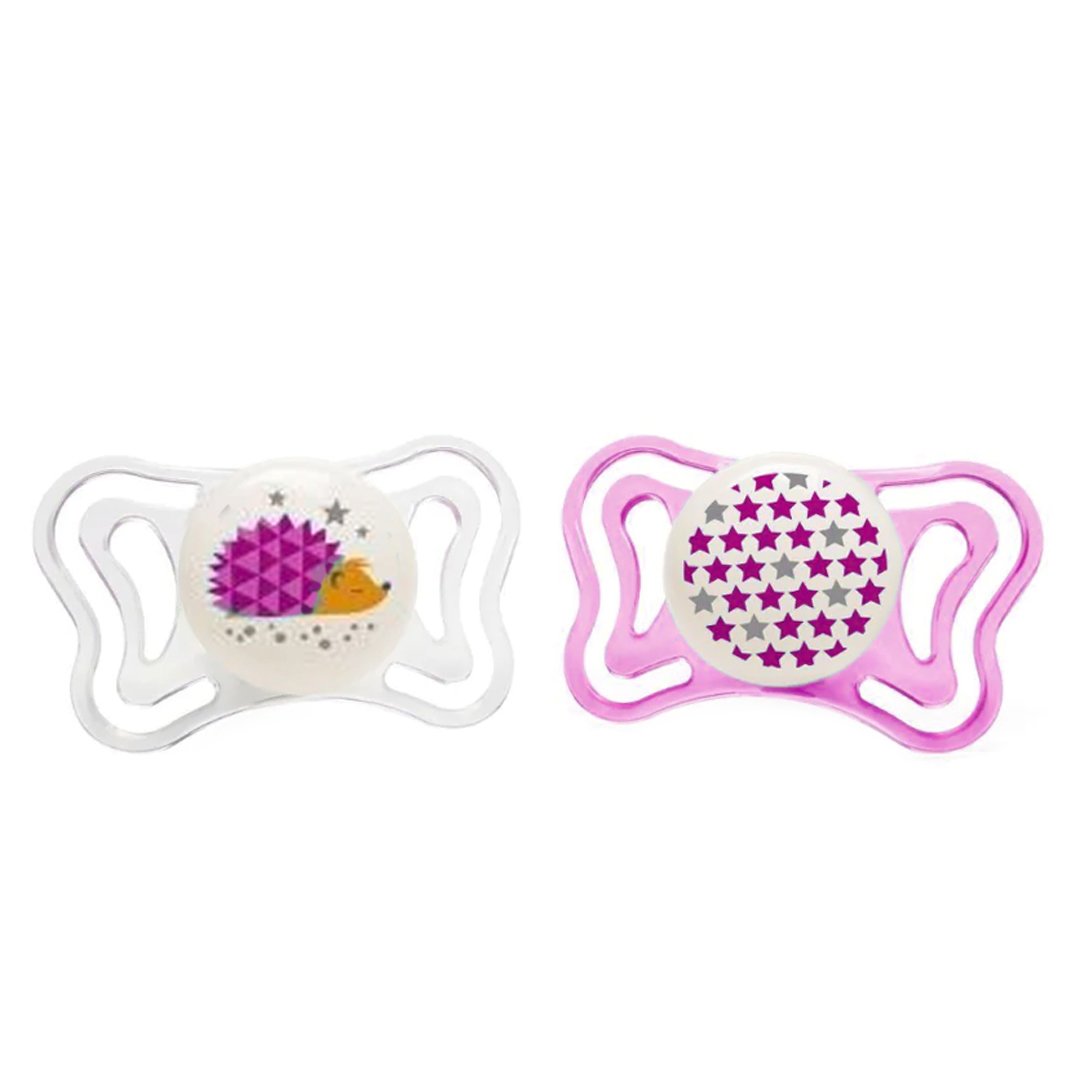 Chicco Chicco Silicone Soother Physio Forma Light 16-36m Πιπίλα Σιλικόνης που Λάμπει στο Σκοτάδι από 16 Έως 36 Μηνών 2 Τεμάχια - Διάφανο/ Ροζ