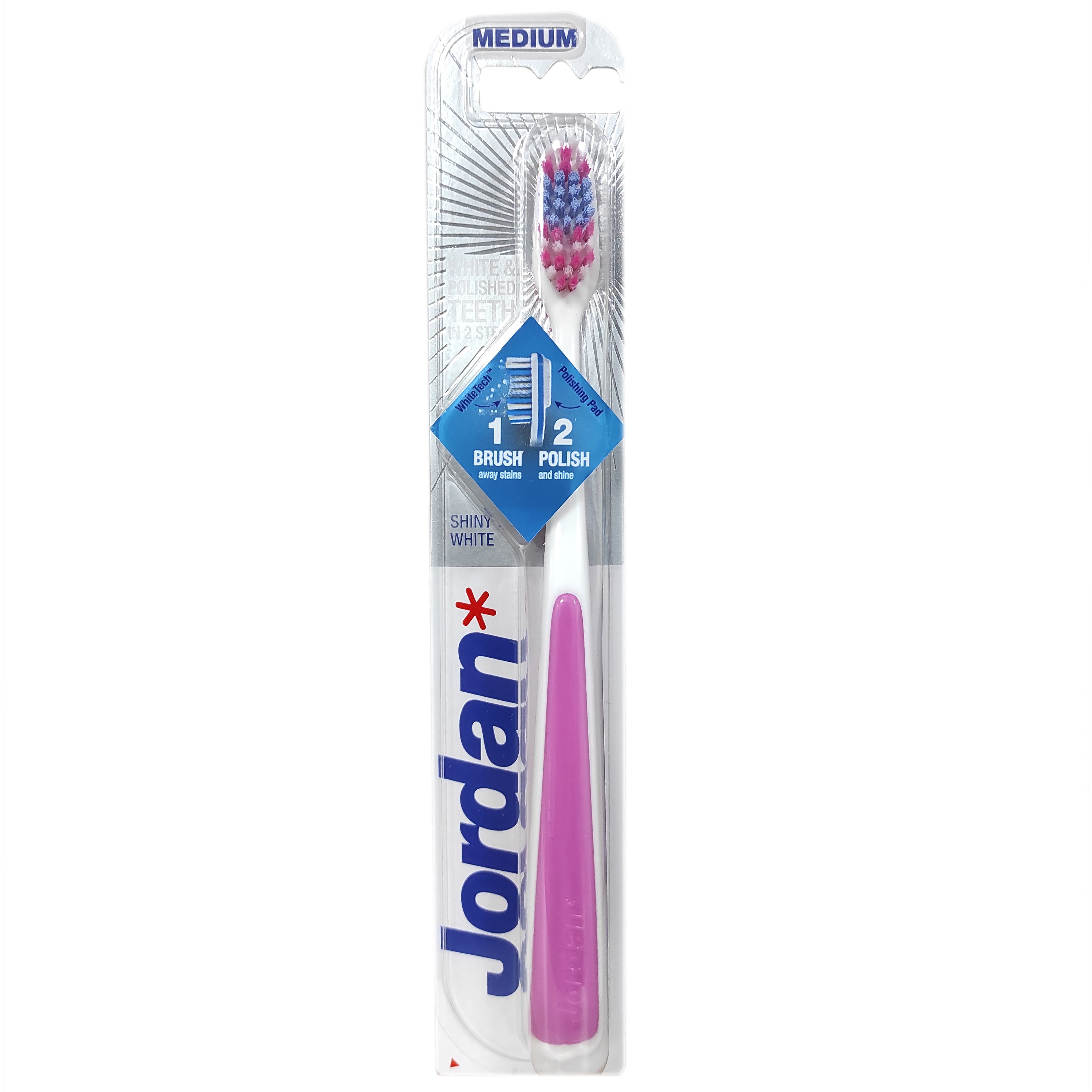 Jordan Shiny White Toothbrush Medium Μέτρια Οδοντόβουρτσα για Βαθύ Καθαρισμό & Λεύκανση 1 Τεμάχιο – Ροζ