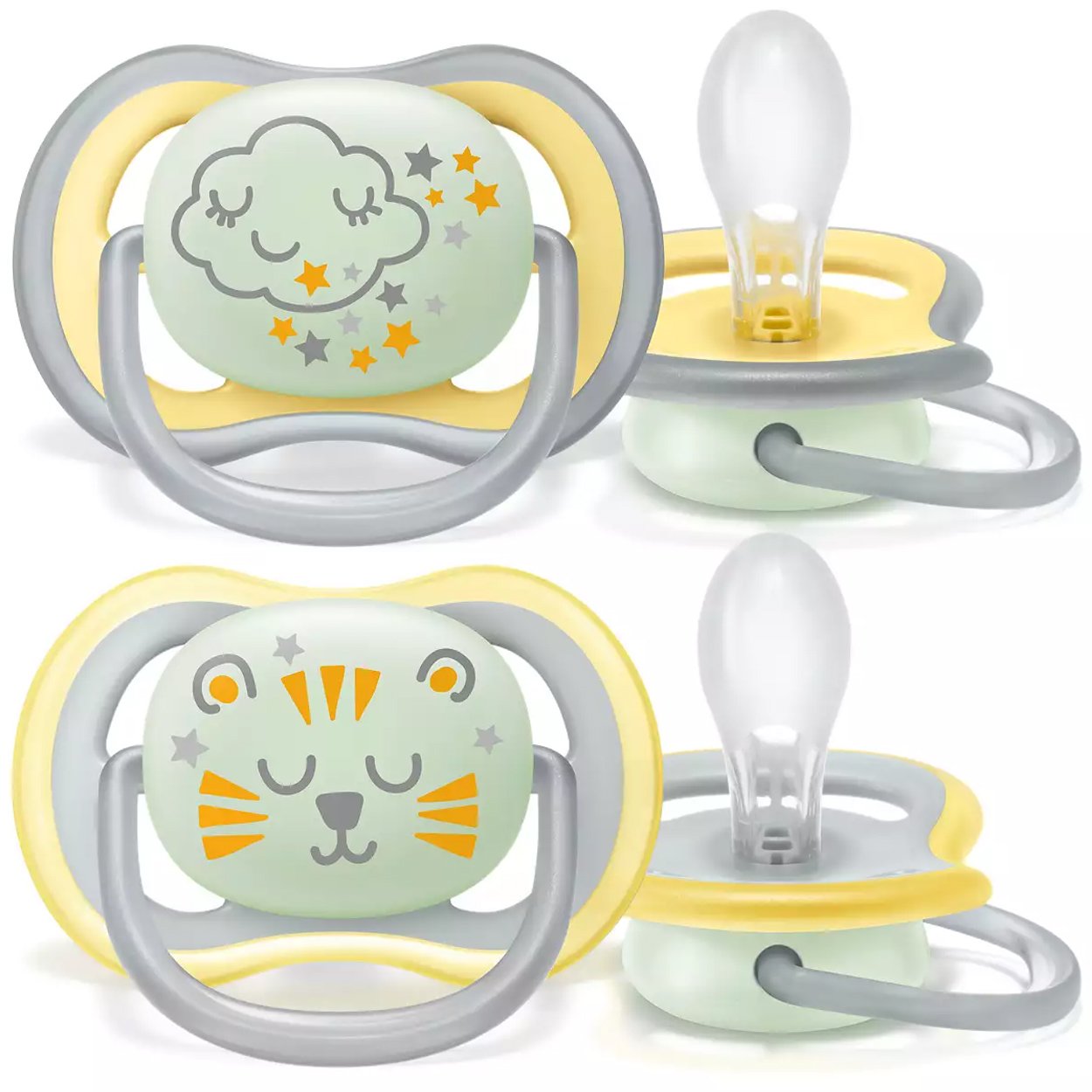 Avent Ultra Air Nighttime 18m+ SCF376/01 Κίτρινο – Γκρι Ορθοδοντική Ελαφριά Πιπίλα Σιλικόνης για Ανακούφιση & Άνεση που Λάμπει στο Σκοτάδι 2 Τεμάχια