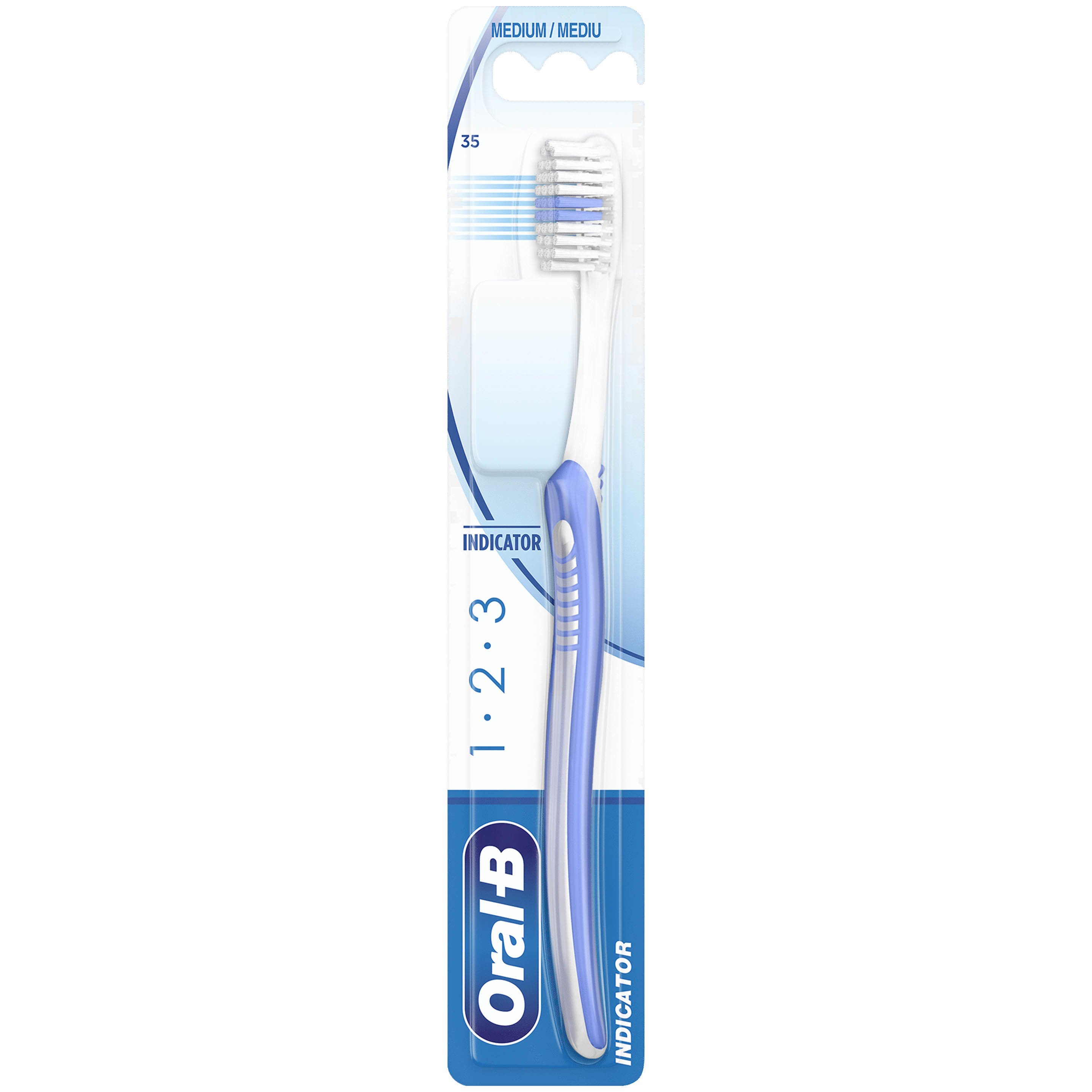 Oral-B 123 Indicator Medium Toothbrush 35mm Χειροκίνητη Οδοντόβουρτσα με Μέτριες Ίνες 1 Τεμάχιο – Μωβ