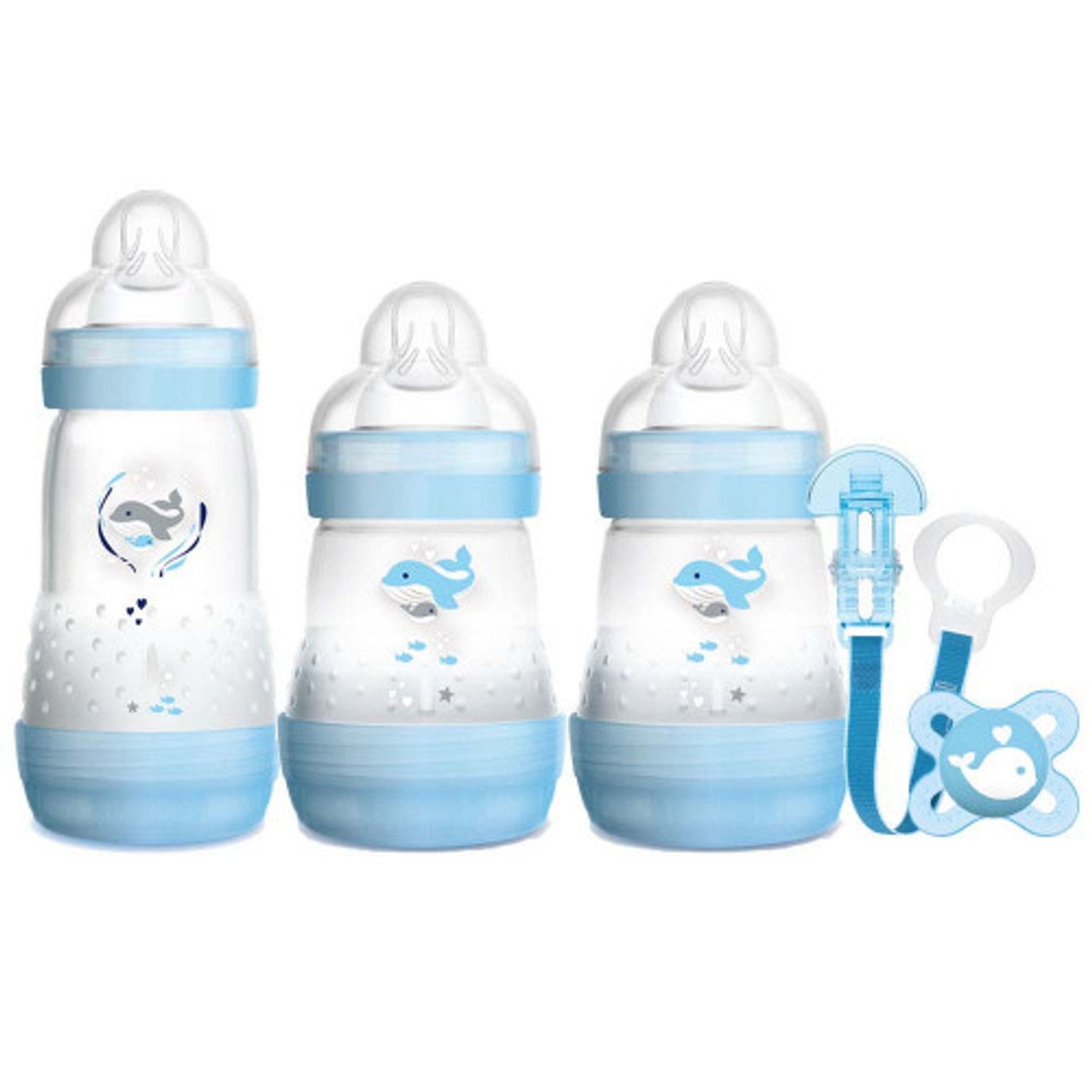 Mam Welcome to the World Gift Set for Newborns 0m+ Σετ με 3 Μπιμπερό με Θηλή Σιλικόνης Κατά των Κολικών & Πιπίλα Σιλικόνης & Κορδέλα Στήριξης Μπλε Φάλαινα Κωδ 660 1 Τεμάχια 53701