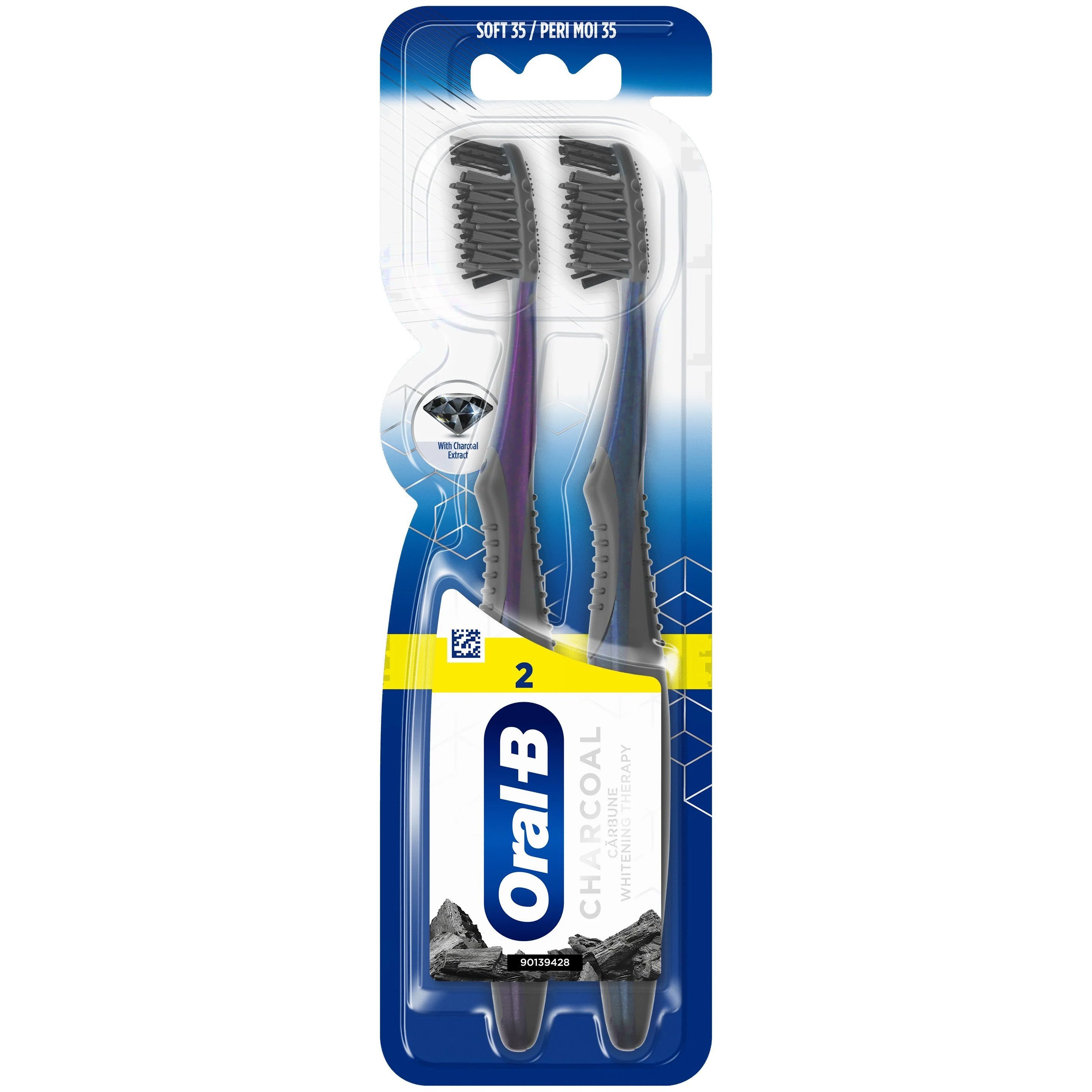 Oral-B Charcoal Whitening Therapy Soft 35 Toothbrush Μαλακή Οδοντόβουρτσα για Λεύκανση με Ίνες Εμπλουτισμένες με Άνθρακα 2 Τεμάχια – Μωβ / Μπλε