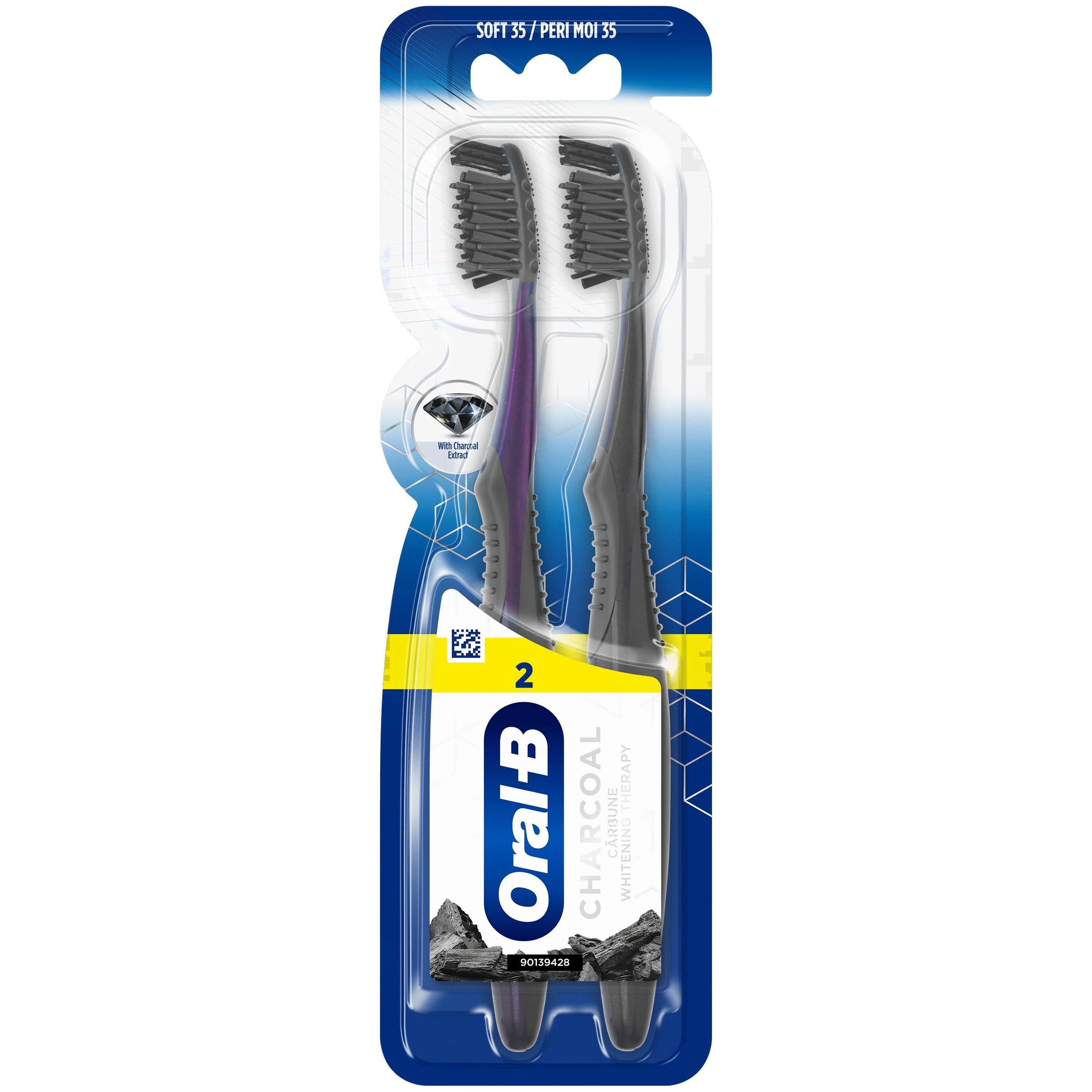 Oral-B Charcoal Whitening Therapy Soft 35 Toothbrush Μαλακή Οδοντόβουρτσα για Λεύκανση με Ίνες Εμπλουτισμένες με Άνθρακα 2 Τεμάχια – Μωβ / Μαύρο