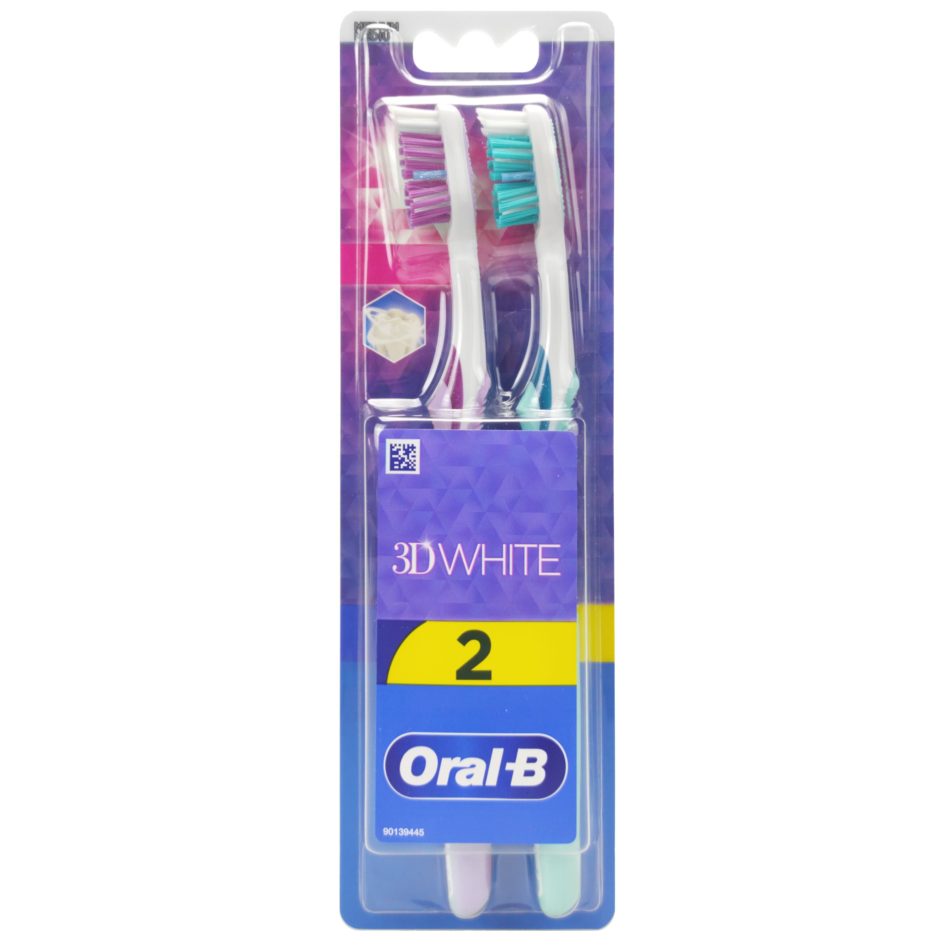 Oral-B 3D White Duo Medium Toothbrush Μέτρια Χειροκίνητη Οδοντόβουρτσα για Ενήλικες 2 Τεμάχια – Λιλά / Γαλάζιο