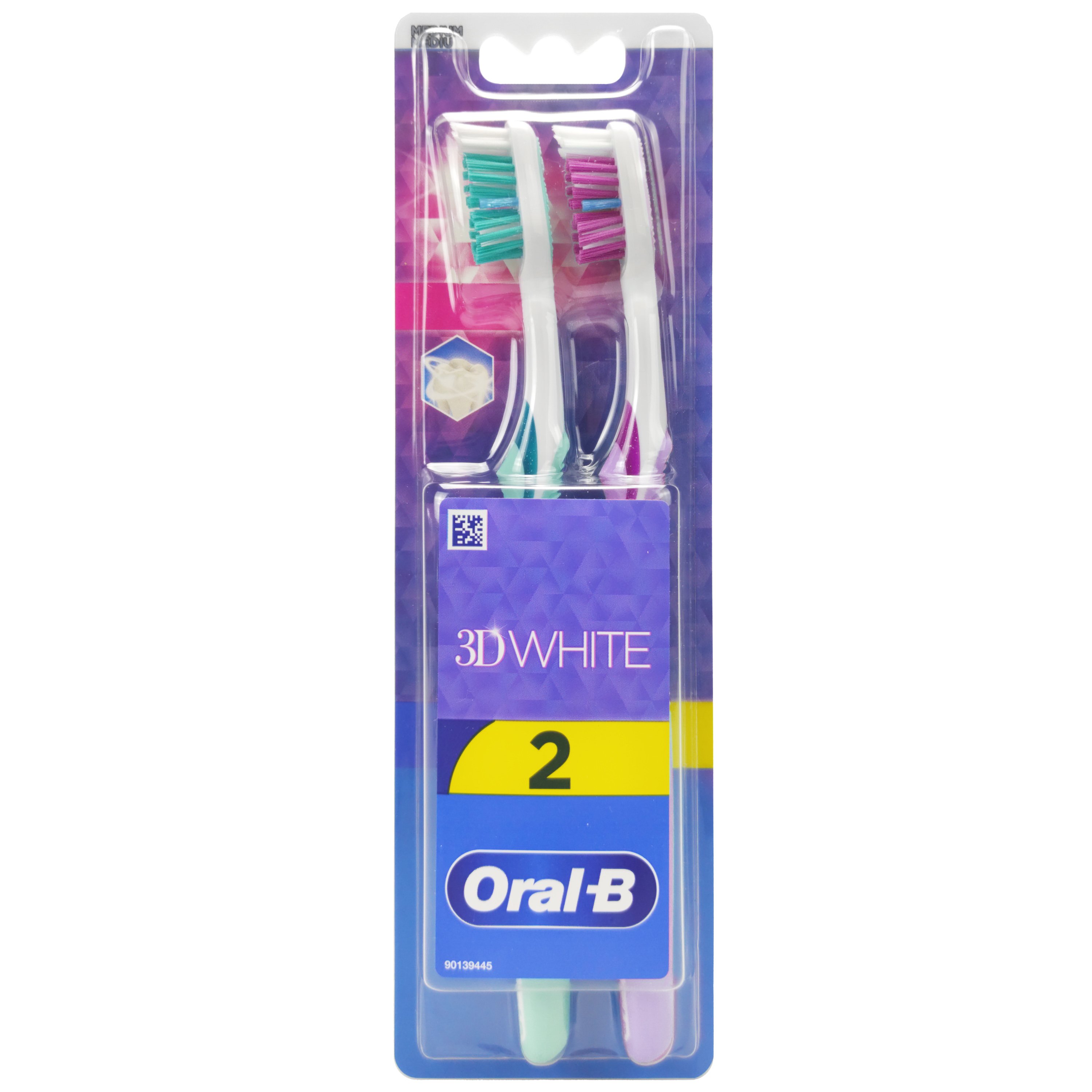 Oral-B 3D White Duo Medium Toothbrush Μέτρια Χειροκίνητη Οδοντόβουρτσα για Ενήλικες 2 Τεμάχια – Τιρκουάζ / Μωβ