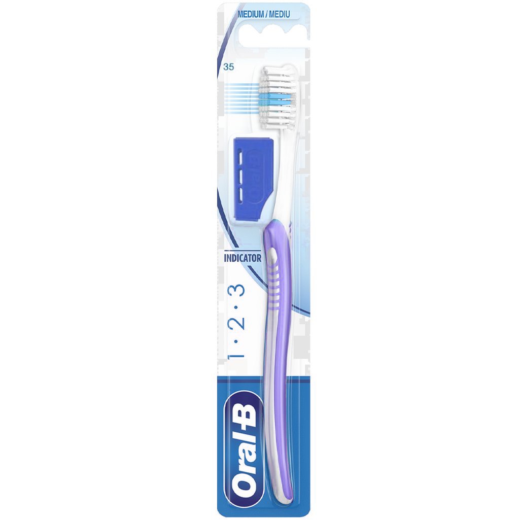 Oral-B 123 Indicator Medium Toothbrush 35mm Χειροκίνητη Οδοντόβουρτσα με Μέτριες Ίνες 1 Τεμάχιο – Λιλά / Μπλε