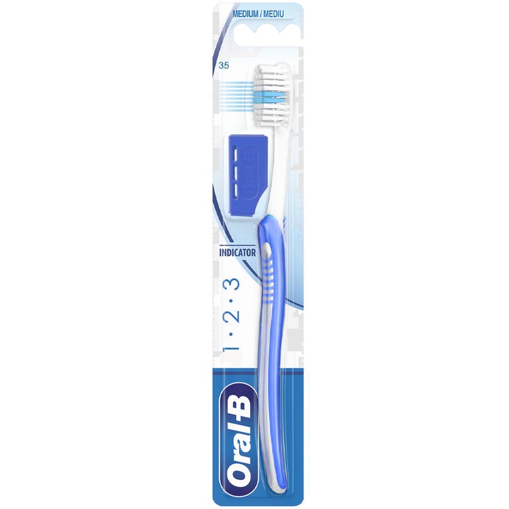 Oral-B 123 Indicator Medium Toothbrush 35mm Χειροκίνητη Οδοντόβουρτσα με Μέτριες Ίνες 1 Τεμάχιο – Μπλε / Μπλε