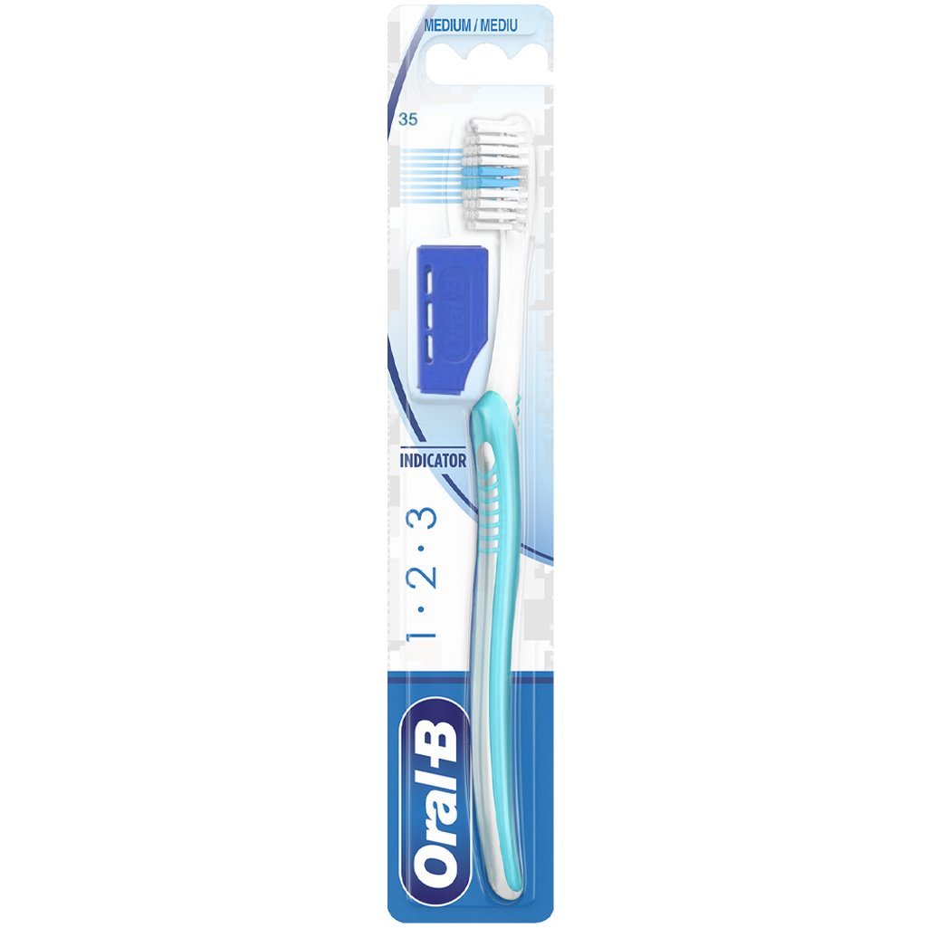 Oral-B 123 Indicator Medium Toothbrush 35mm Χειροκίνητη Οδοντόβουρτσα με Μέτριες Ίνες 1 Τεμάχιο – Γαλάζιο / Μπλε
