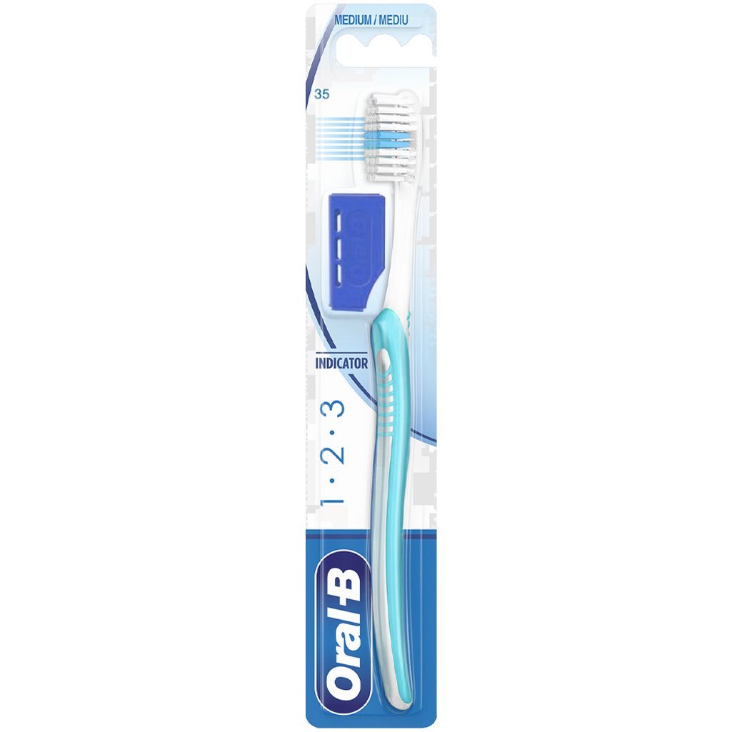 Oral-B 123 Indicator Medium Toothbrush 35mm Χειροκίνητη Οδοντόβουρτσα με Μέτριες Ίνες 1 Τεμάχιο – Γαλάζιο / Μπλε