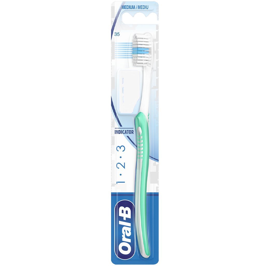 Oral-B 123 Indicator Medium Toothbrush 35mm Χειροκίνητη Οδοντόβουρτσα με Μέτριες Ίνες 1 Τεμάχιο – Τιρκουάζ / Λευκό