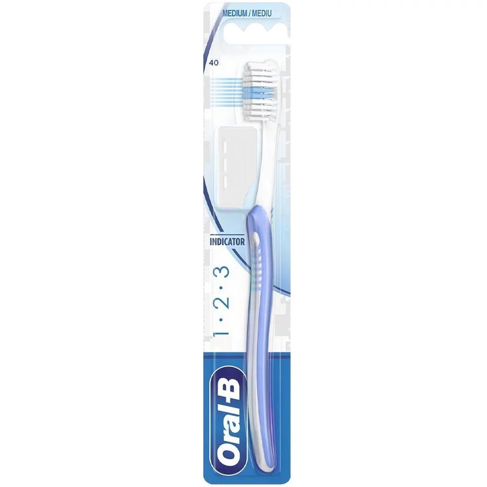 Oral-B 123 Indicator Medium Toothbrush 40mm Χειροκίνητη Οδοντόβουρτσα, Μέτρια 1 Τεμάχιο – Λιλά / Λευκό