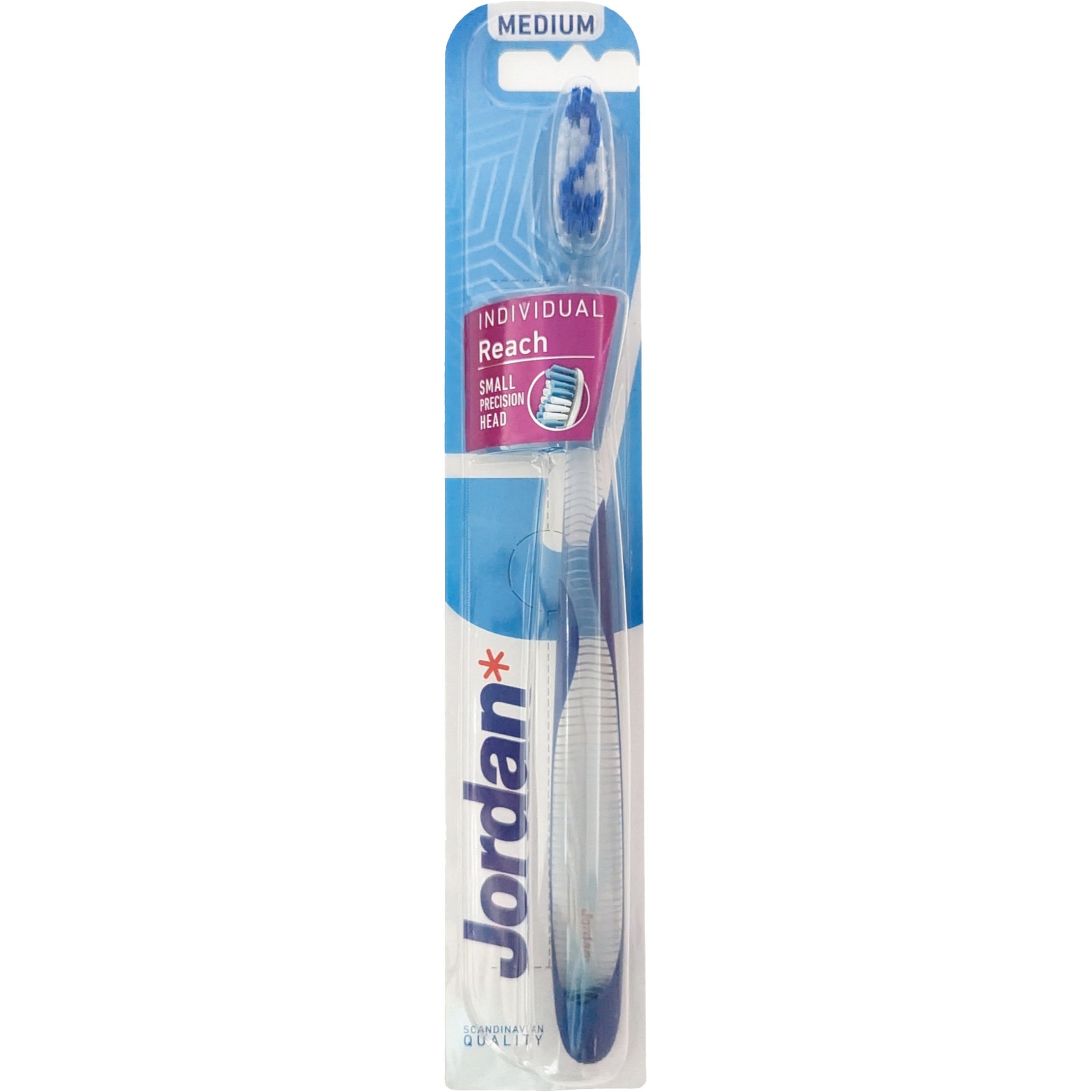 Jordan Individual Reach Medium Toothbrush Μέτρια Οδοντόβουρτσα με Εργονομική Λαβή για Βαθύ Καθαρισμό 1 Τεμάχιο Κωδ 310040 – Μπλε / Διάφανο
