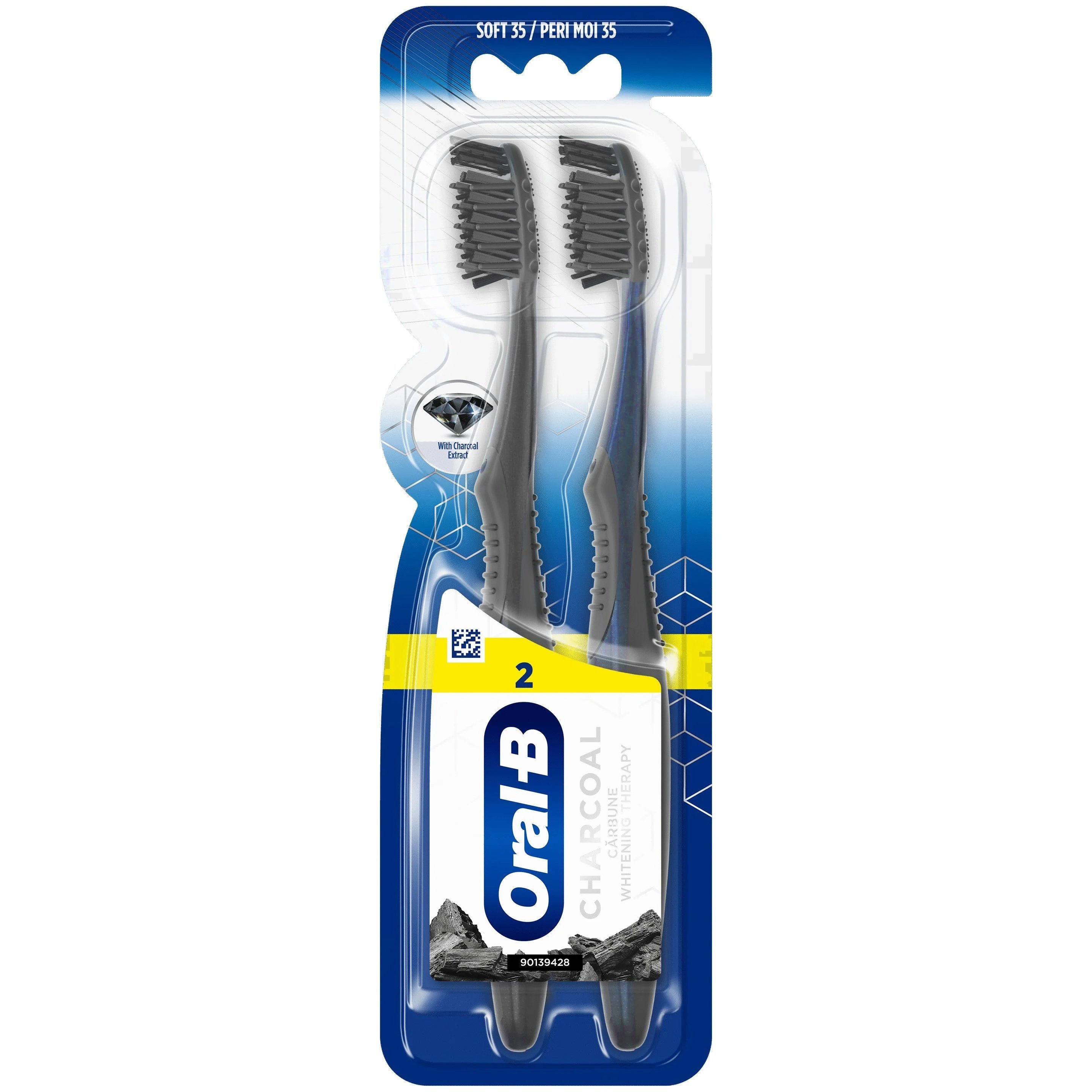 Oral-B Charcoal Whitening Therapy Soft 35 Toothbrush Μαλακή Οδοντόβουρτσα για Λεύκανση με Ίνες Εμπλουτισμένες με Άνθρακα 2 Τεμάχια – Μαύρο / Μπλε