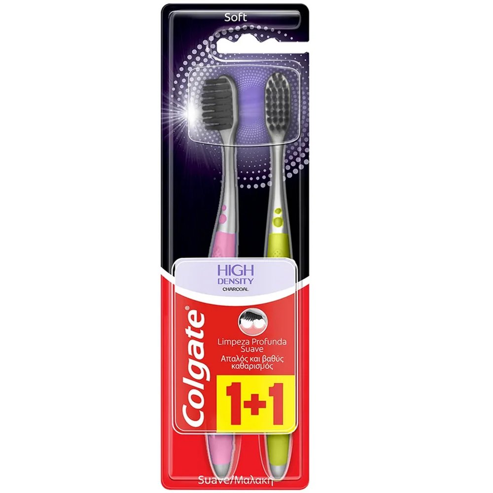 Colgate High Density Charcoal Toothbrush Soft Μαλακή Οδοντόβουρτσα με Ίνες Εμπλουτισμένες με Άνθρακα για Βαθύ Καθαρισμό 2 Τεμάχια – Ροζ / Λαχανί