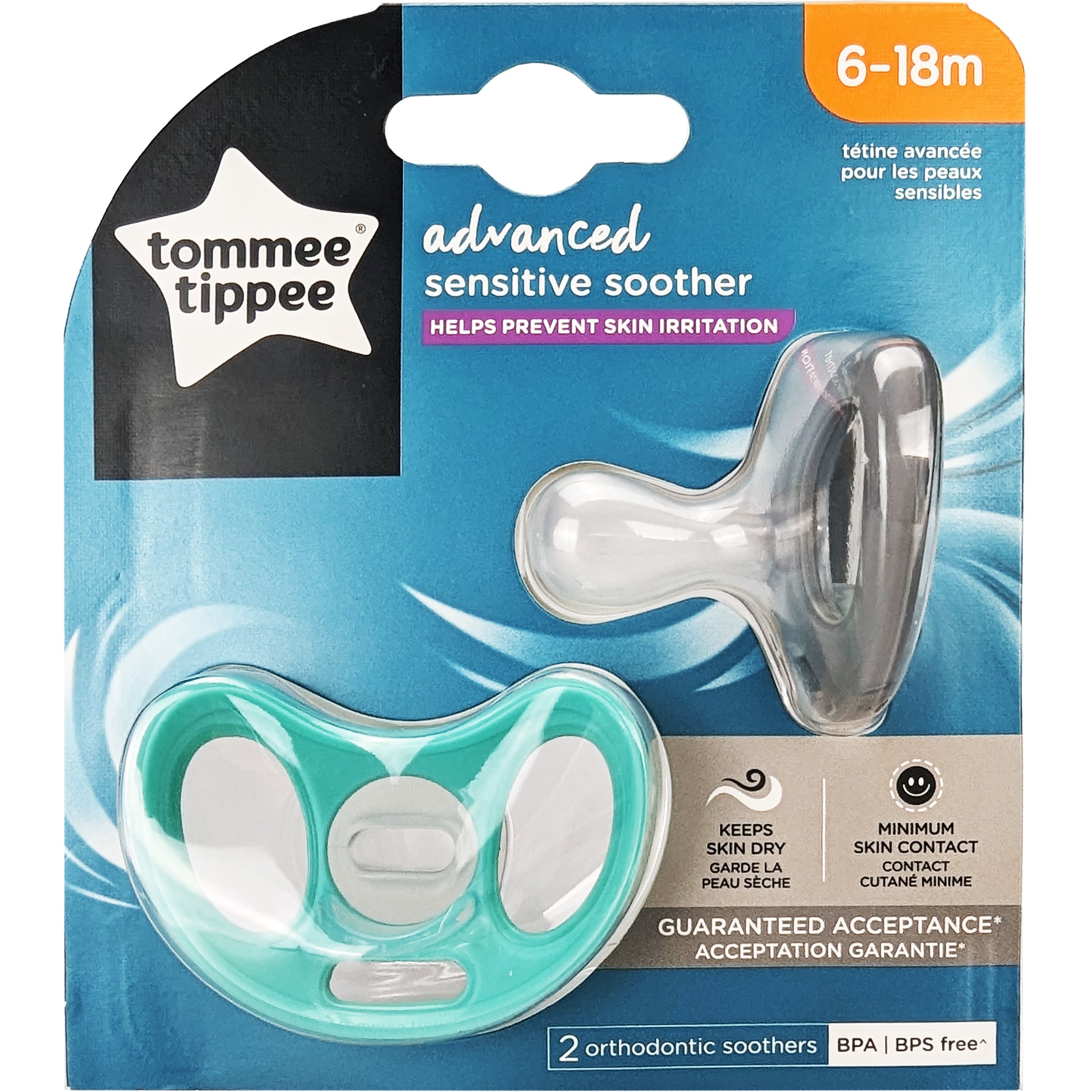 Tommee Tippee Advanced Sensitive Soother 6-18m Πιπίλες Σιλικόνης Κατά των Ερεθισμών 2 Τεμάχια Κωδ 43349403 – Γκρι / Σιέλ