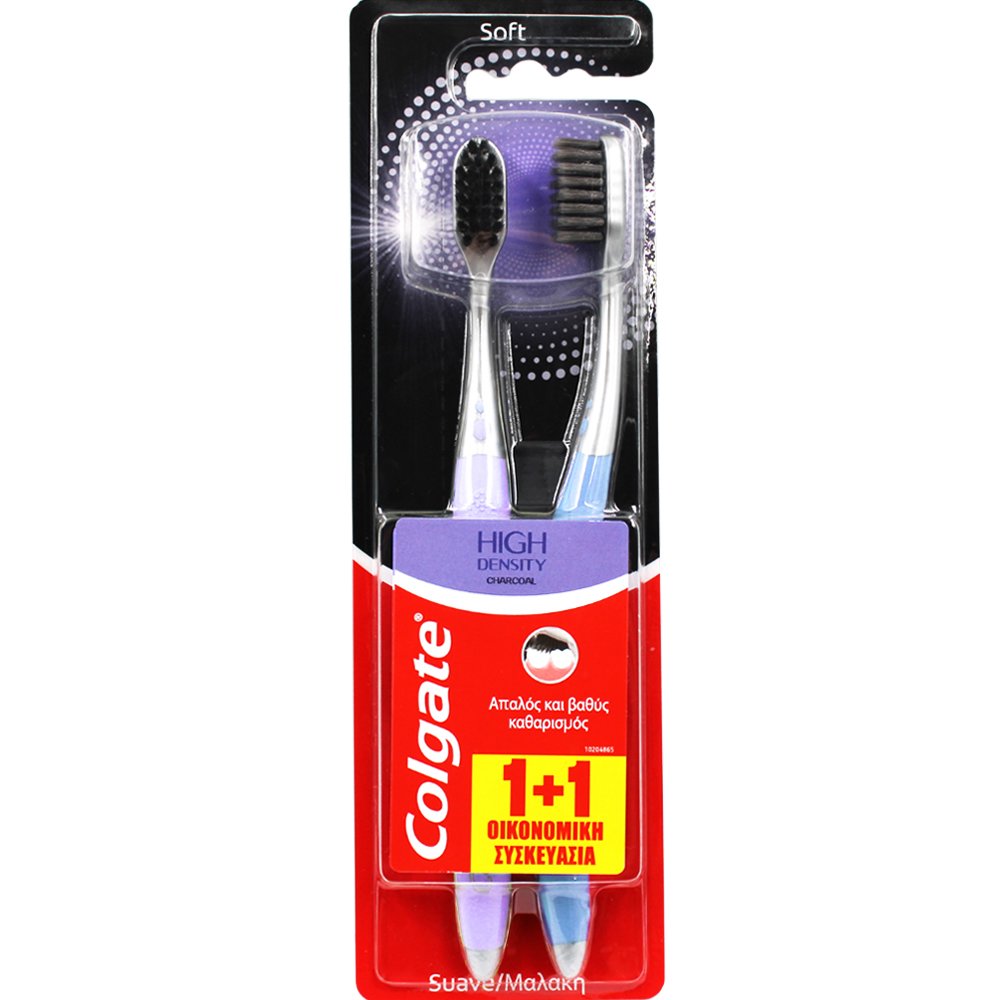 Colgate High Density Charcoal Toothbrush Soft Μαλακή Οδοντόβουρτσα με Ίνες Εμπλουτισμένες με Άνθρακα για Βαθύ Καθαρισμό 2 Τεμάχια – Μωβ / Γαλάζιο