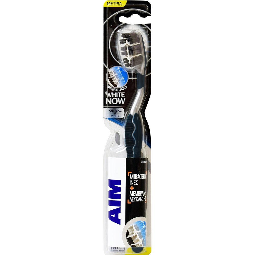 Aim White Now Antibac + White Medium Toothbrush Μέτρια Οδοντόβουρτσα για πιο Λεία, Λευκότερα Δόντια με Ίνες Κατά των Βακτηρίων 1 Τεμάχιο – Μαύρο