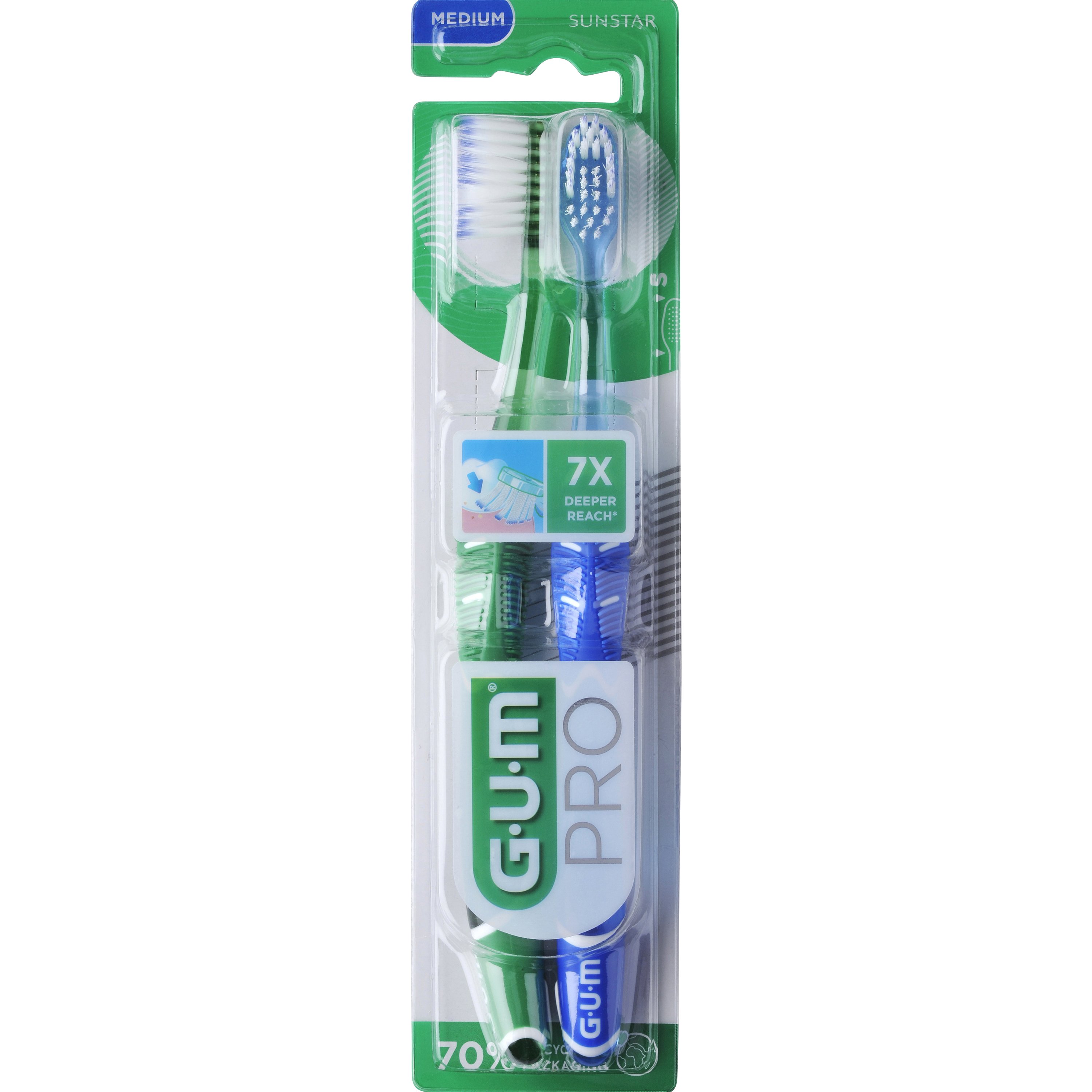 Gum Pro Medium Toothbrush Χειροκίνητη Οδοντόβουρτσα για Βαθύ & Απαλό Καθαρισμό με Μεσαίας Σκληρότητας Ίνες 2 Τεμάχια Κωδ 1528, Πράσινο – Μπλε