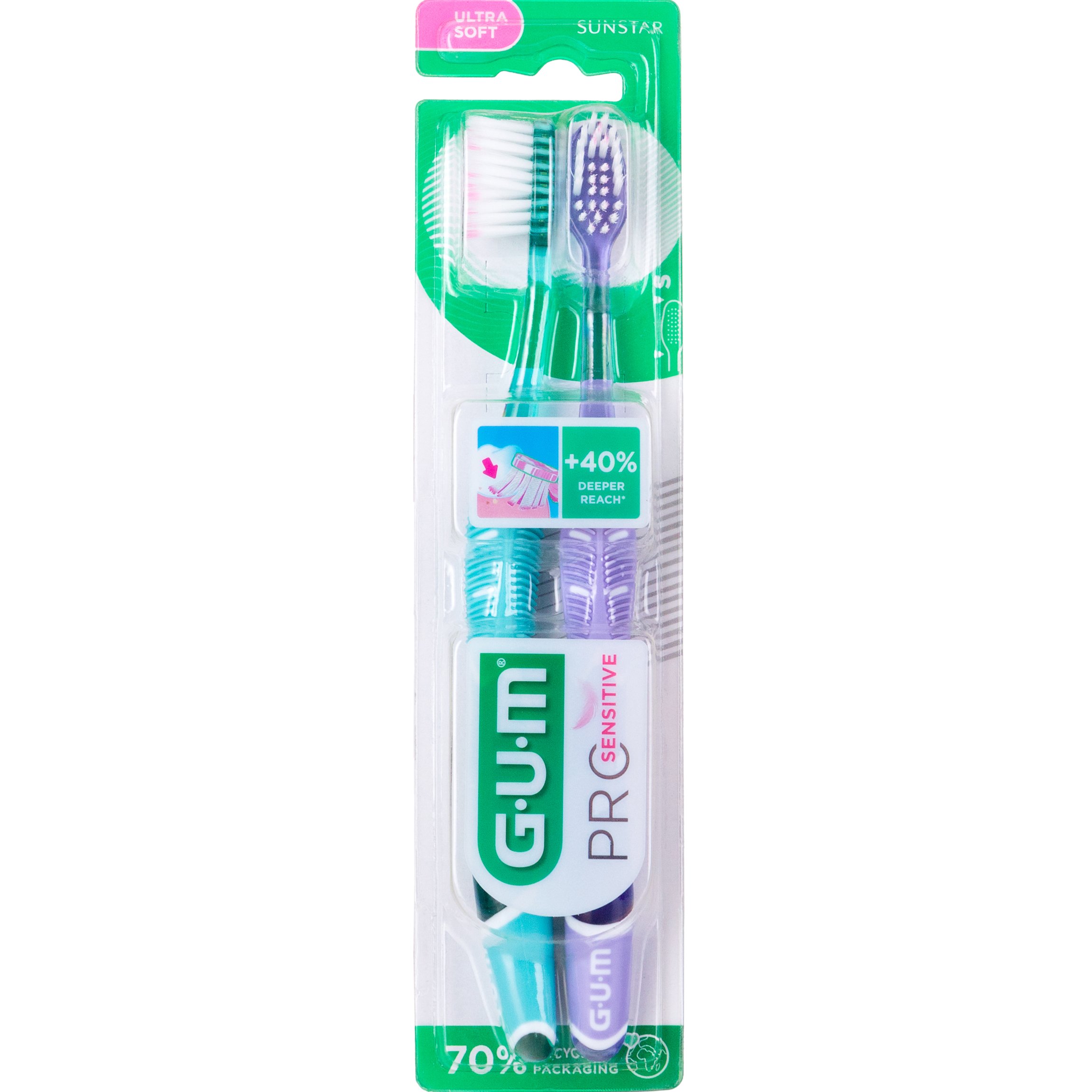 Gum Pro Sensitive Ultra Soft Toothbrush Χειροκίνητη Μαλακή Οδοντόβουρτσα για Βαθύ & Απαλό Καθαρισμό με Εξαιρετικά Λεπτές Ίνες 2 Τεμάχια Κωδ 510, Πετρόλ – Μωβ