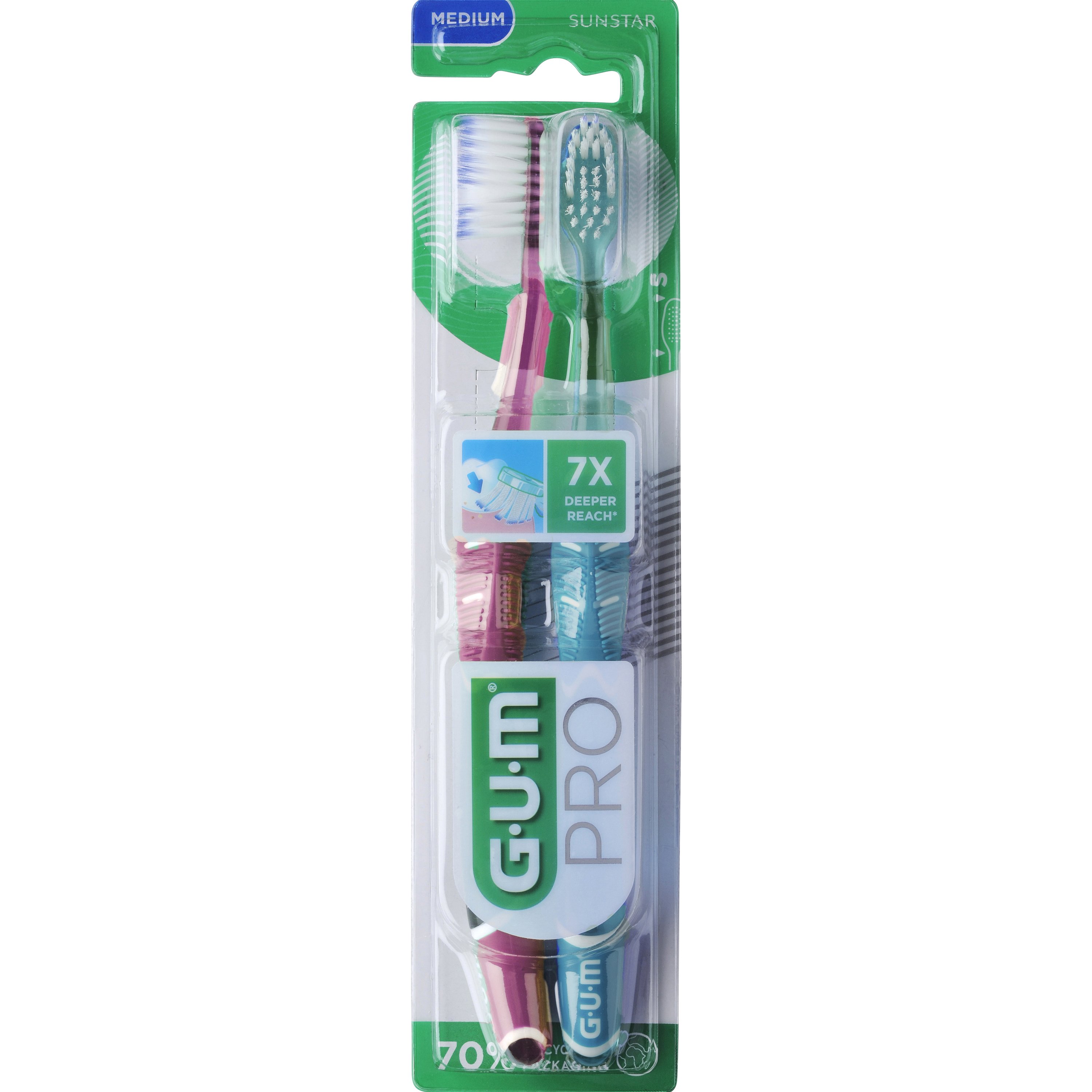 Gum Pro Medium Toothbrush Χειροκίνητη Οδοντόβουρτσα για Βαθύ & Απαλό Καθαρισμό με Μεσαίας Σκληρότητας Ίνες 2 Τεμάχια Κωδ 1528, Ροζ – Πετρόλ