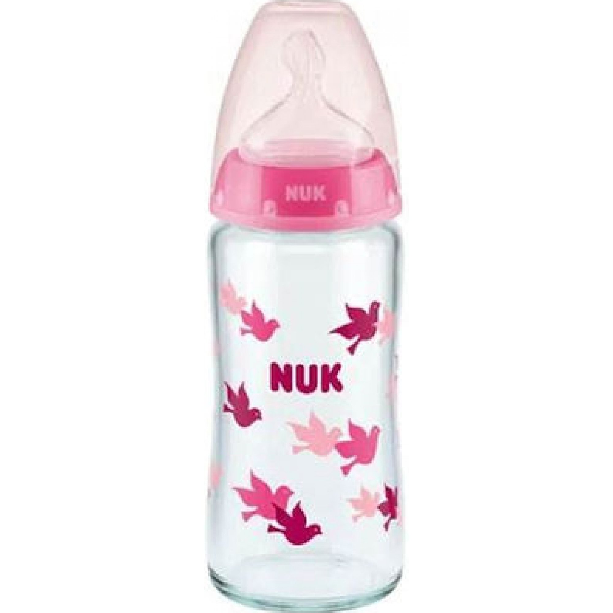 Nuk Nuk First Choice Plus Glass Bottle Temperature Control Silicone Medium 0-6m Γυάλινο Μπιμπερό με Θηλή Σιλικόνης Κατά των Κολικών & Δείκτη Ελέγχου Θερμοκρασίας από 0 Έως 6 Μηνών 240ml, Κωδ 10745124 - Ροζ