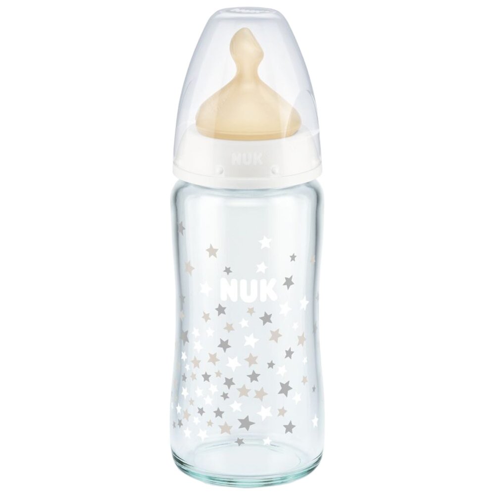 Nuk Nuk First Choice Plus Glass Temperature Control Latex Medium 0-6m Γυάλινο Μπιμπερό με Θηλή Καουτσούκ Κατά των Κολικών & Δείκτη Ελέγχου Θερμοκρασίας από 0 Έως 6 Μηνών 240ml, Κωδ 10745122 - Λευκό