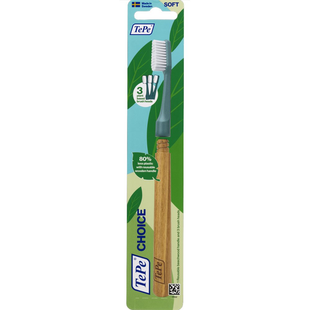 Tepe Choice Soft Toothbrush with Reusable Wooden Handle & Plant Based Brush Heads Μαλακή Οδοντόβουρτσα με Επαναχρησιμοποιήσιμη Ξύλινη Λαβή & 3 Ανταλλακτικές Κεφαλές 1 Τεμάχιο - Πράσινο