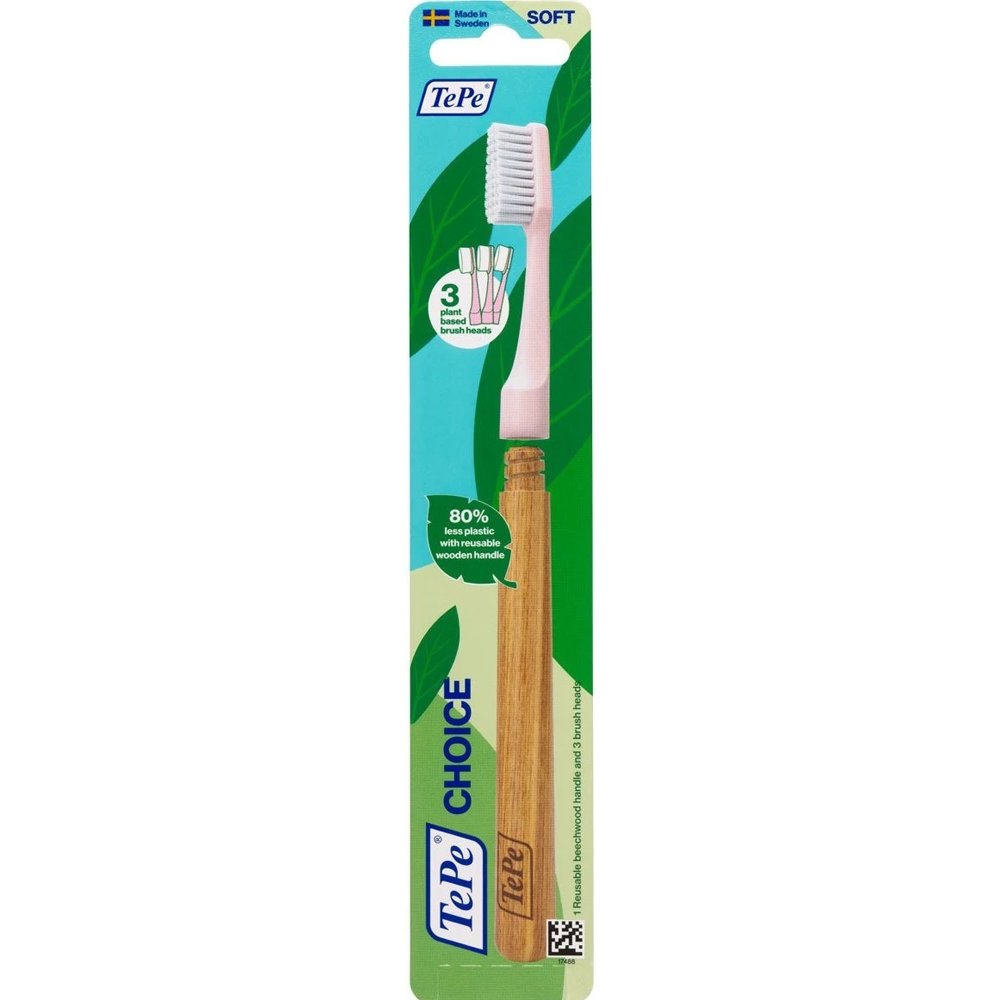 Tepe Tepe Choice Soft Toothbrush with Reusable Wooden Handle & Plant Based Brush Heads Μαλακή Οδοντόβουρτσα με Επαναχρησιμοποιήσιμη Ξύλινη Λαβή & 3 Ανταλλακτικές Κεφαλές 1 Τεμάχιο - Ροζ