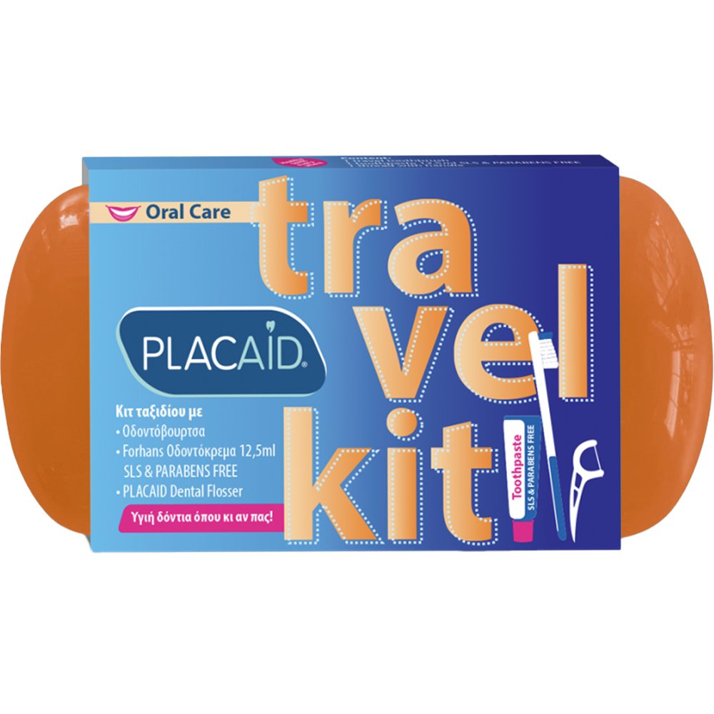 Plac Aid Plac Aid Oral Care Travel Kit Κιτ Ταξιδίου Στοματικής Υγιεινής που Περιλαμβάνει Οδοντόβουρτσα, Οδοντόκρεμα & Οδοντικό Νήμα με Λαβή 1 Τεμάχιο - Πορτοκαλί