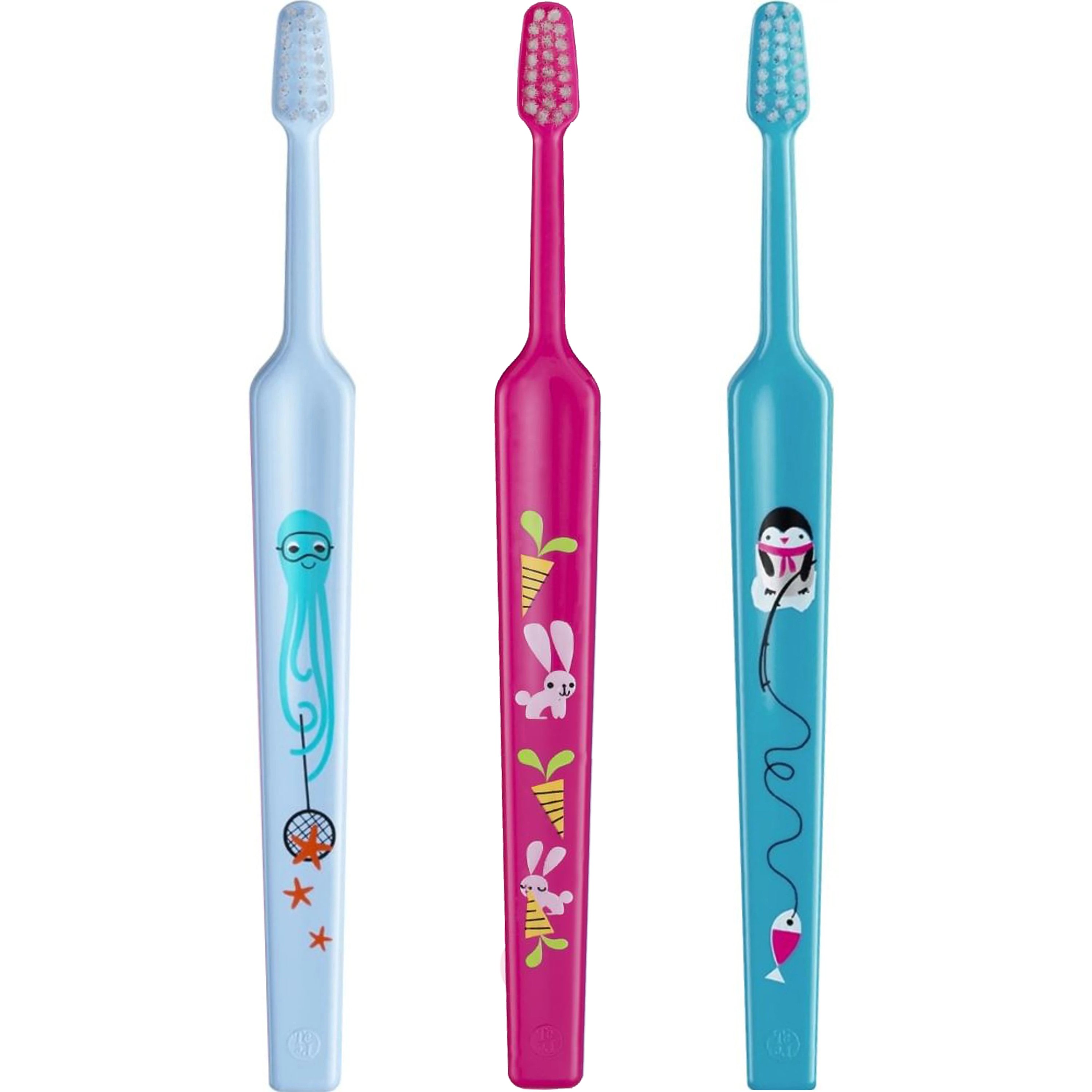 Tepe Tepe Kids Mini Extra Soft Toothbrush 0-3 Years Οδοντόβουρτσα με Μικρή Κωνική Κεφαλή & Πολύ Μαλακές Ίνες Κατάλληλη για τα Πρώτα Δόντια 3 Τεμάχια, Γαλάζιο / Φούξια / Μπλε