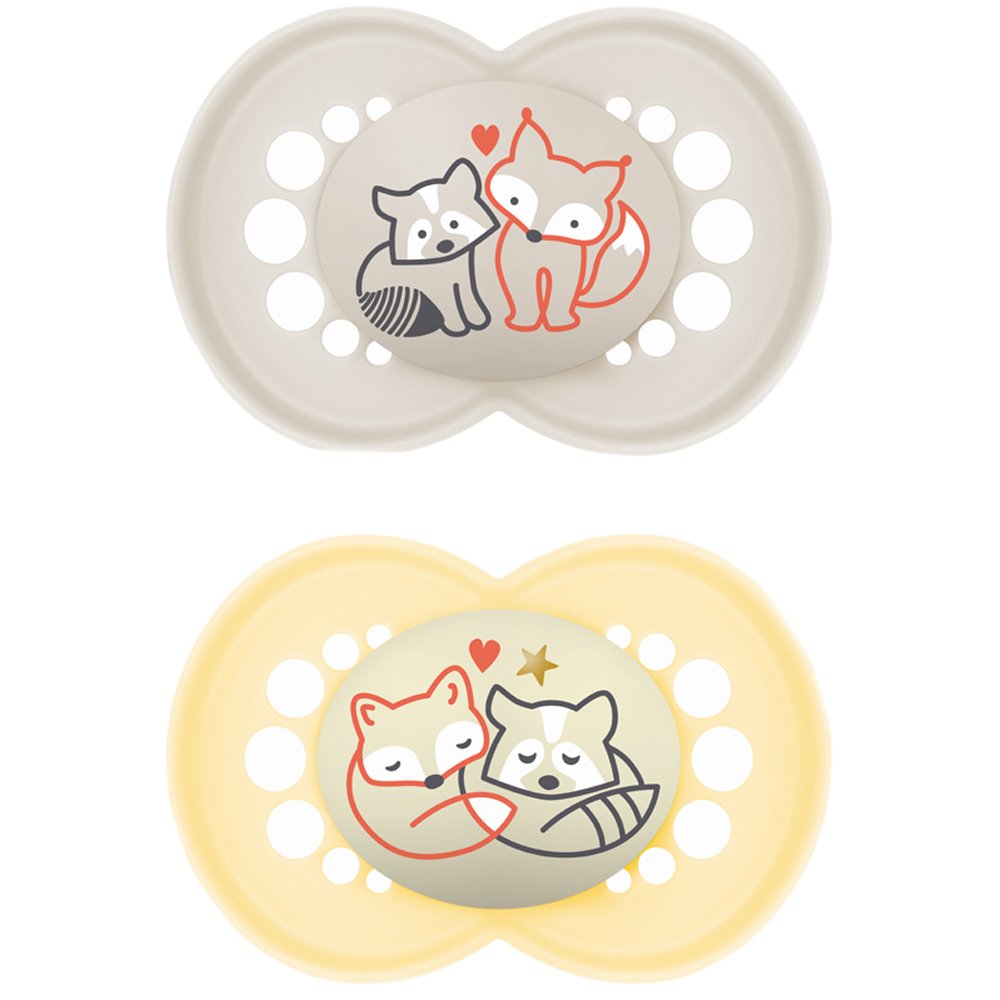 Mam Day & Night Silicone Soother  6-16m Ορθοδοντική Πιπίλα Σιλικόνης που Λάμπει στο Σκοτάδι με Θήκη Μεταφοράς 2 Τεμάχια, Κωδ 174SUc - Γκρι / Κίτρινο