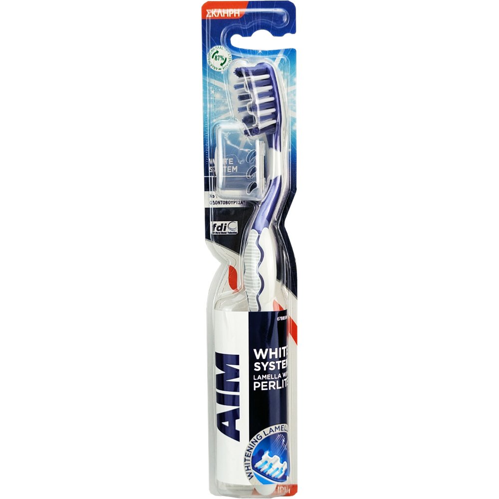 AIM Aim White Now Carbon+Correct Toothbrush Οδοντόβουρτσα με Σκληρές Ίνες Άνθρακα για πιο Λεία & Λευκά Δόντια με Προστατευτικό Κάλυμμα 1 Τεμάχιο - Μωβ