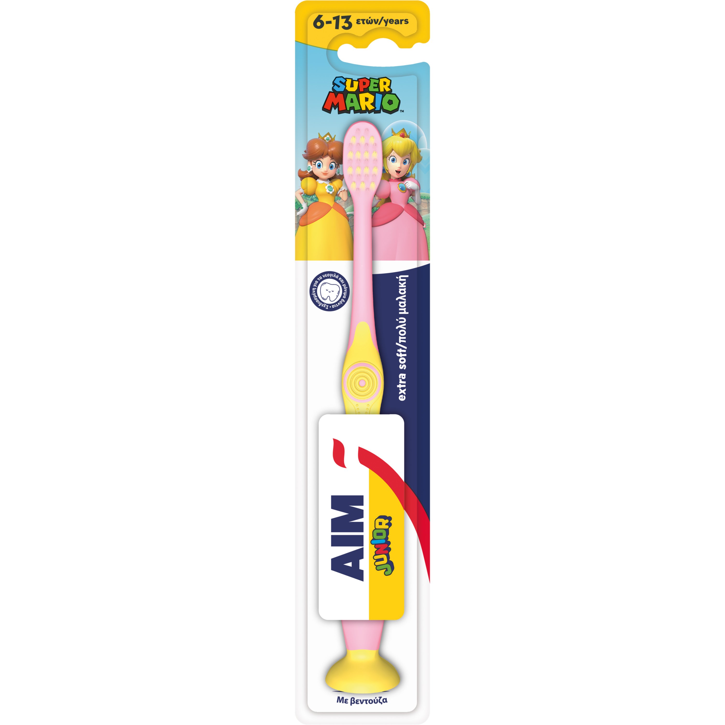 Aim Super Mario Junior Extra Soft Toothbrush 6-13 Years Παιδική Οδοντόβουρτσα με Πολύ Μαλακές Ίνες με Στρογγυλεμένη Κεφαλή 1 Τεμάχιο - Ροζ / Κίτρινο