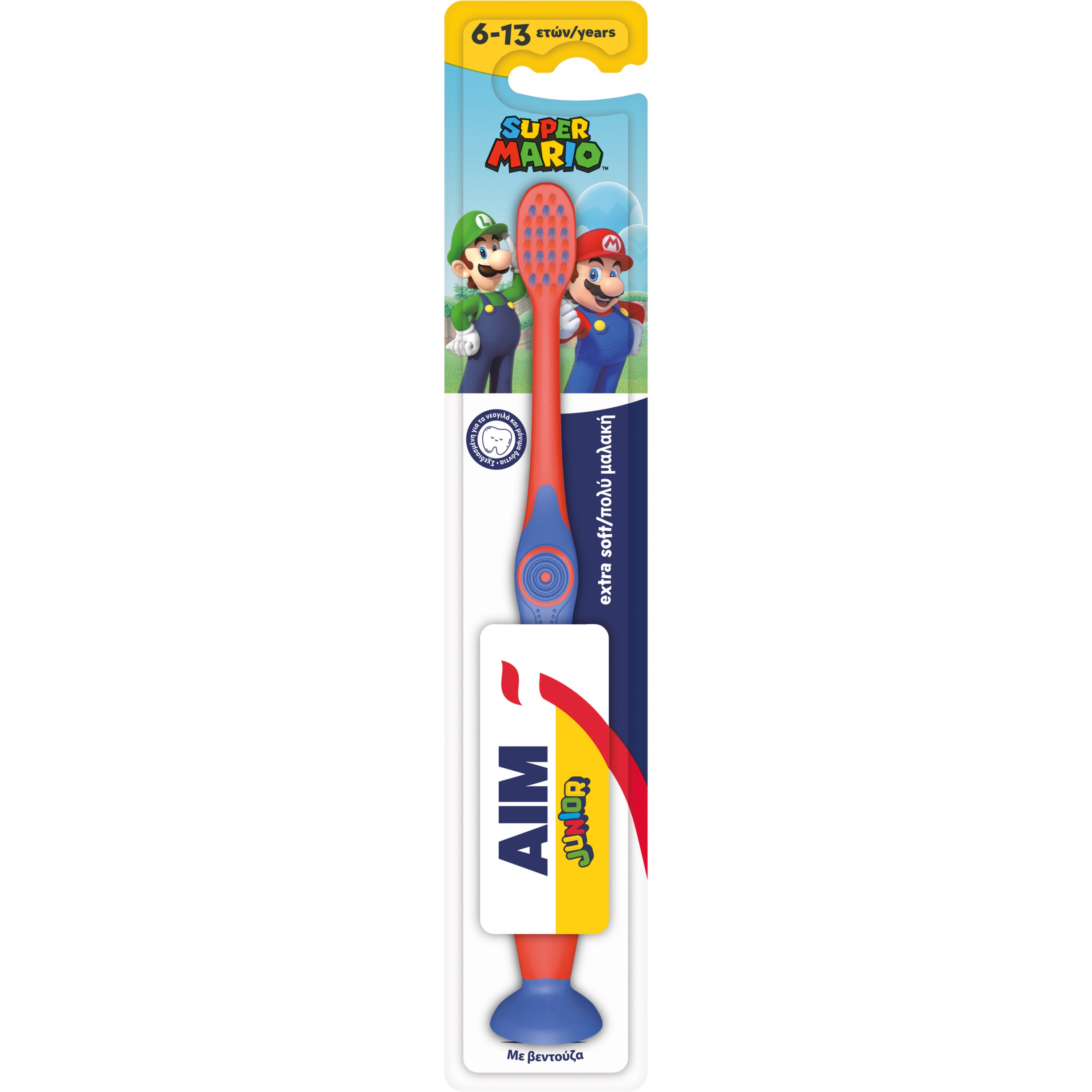 Aim Super Mario Junior Extra Soft Toothbrush 6-13 Years Παιδική Οδοντόβουρτσα με Πολύ Μαλακές Ίνες με Στρογγυλεμένη Κεφαλή 1 Τεμάχιο - Κόκκινο / Μπλε