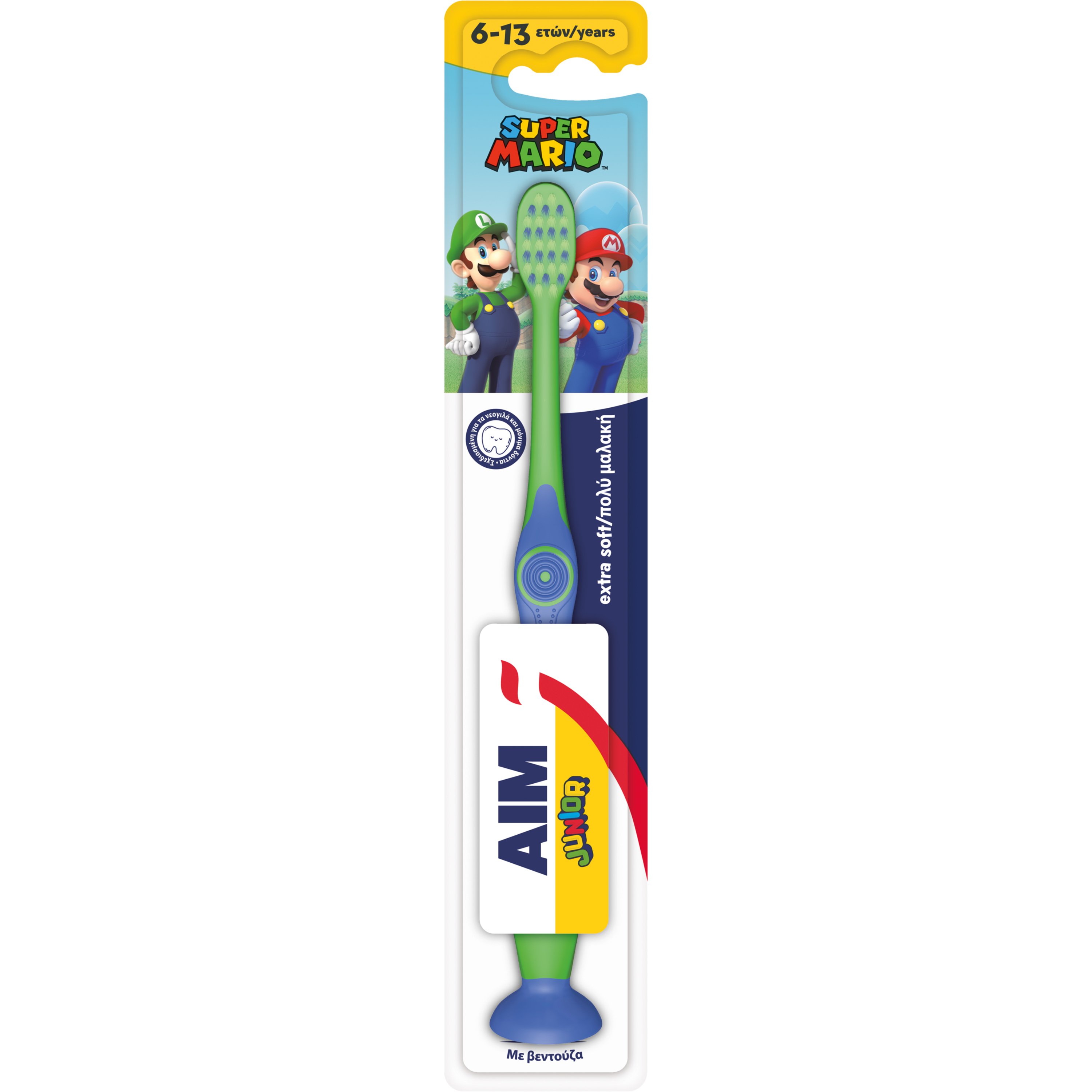 Aim Super Mario Junior Extra Soft Toothbrush 6-13 Years Παιδική Οδοντόβουρτσα με Πολύ Μαλακές Ίνες με Στρογγυλεμένη Κεφαλή 1 Τεμάχιο - Πράσινο / Μπλε