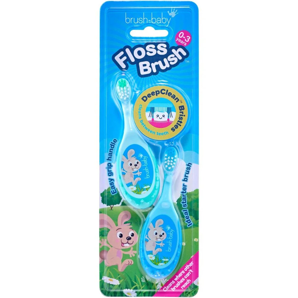 Brush-Baby Brush-Baby Floss Brush 2in1 Toothbrush & Chew Handle Παιδική Οδοντόβουρτσα & Μασητικό 2 σε 1 για 0-3 Ετών 2 Τεμάχια - Πράσινο / Μπλε