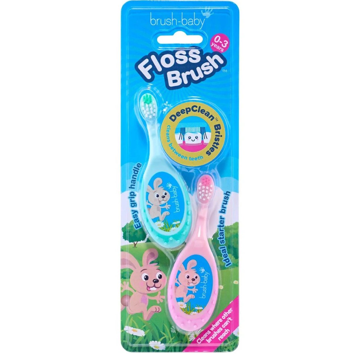 Brush-Baby Brush-Baby Floss Brush 2in1 Toothbrush & Chew Handle Παιδική Οδοντόβουρτσα & Μασητικό 2 σε 1 για 0-3 Ετών 2 Τεμάχια - Πράσινο / Ροζ
