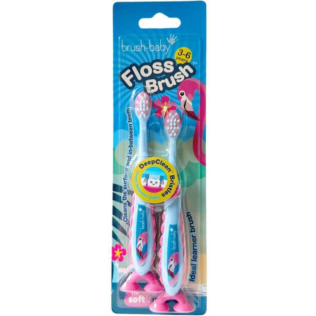 Brush-Baby Brush-Baby Floss Brush Kids Toothbrush 3-6 Years Παιδική Οδοντόβουρτσα για Παιδιά από 3-6 Ετών 2 Τεμάχια - Φλαμίνγκο