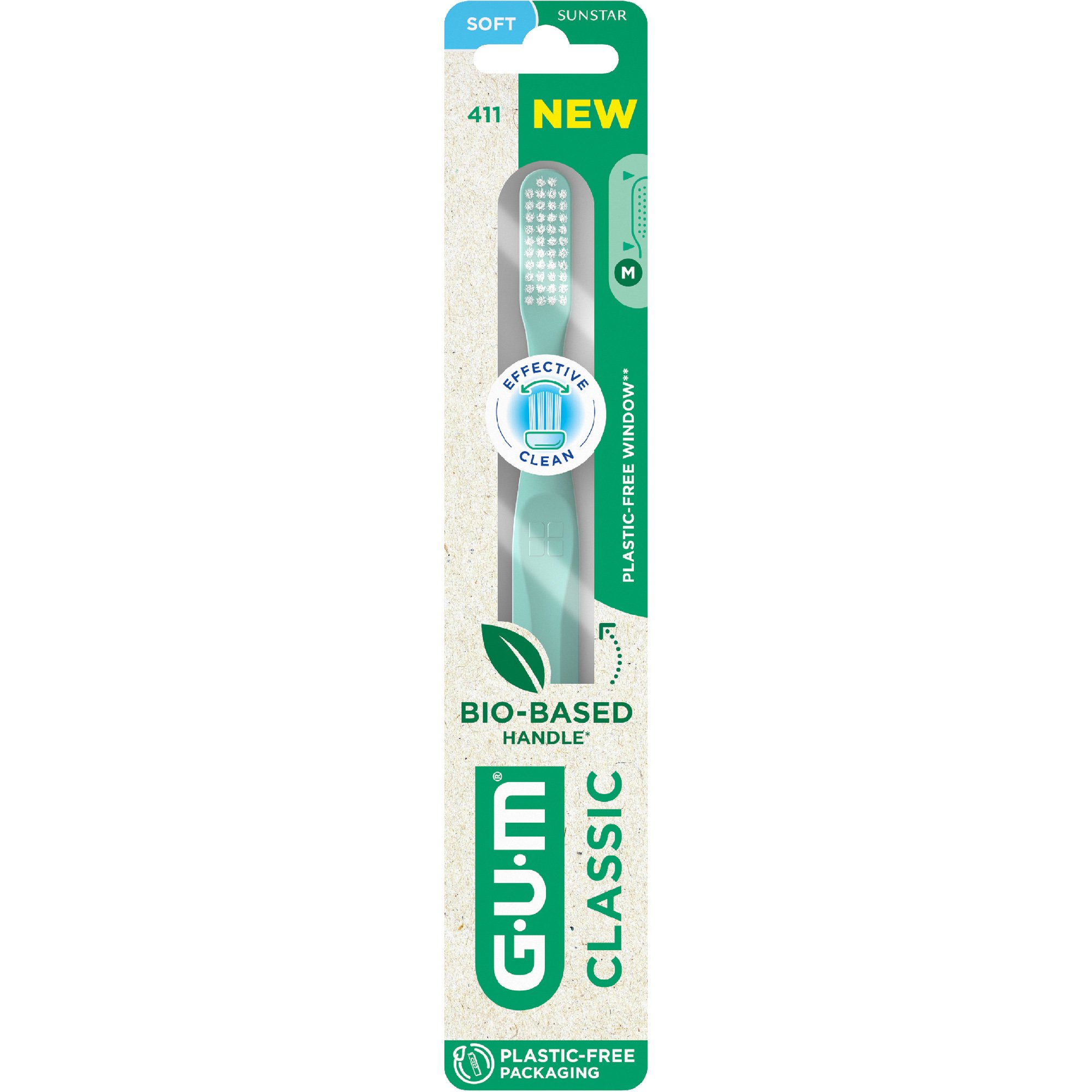 Gum Classic 411 Soft Toothbrush Μαλακή Οδοντόβουρτσα για την Καθημερινή Φροντίδα των Δοντιών & των Ούλων 1 Τεμάχιο - Πράσινο