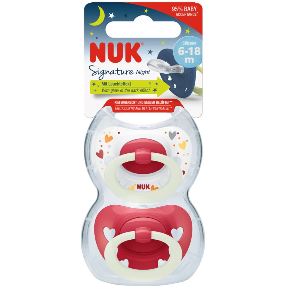 Nuk Signature Night Silicone Soother 6-18m Ορθοδοντική Πιπίλα Σιλικόνης με Κρίκο που Λάμπει στο Σκοτάδι 2 Τεμάχια - Κόκκινο