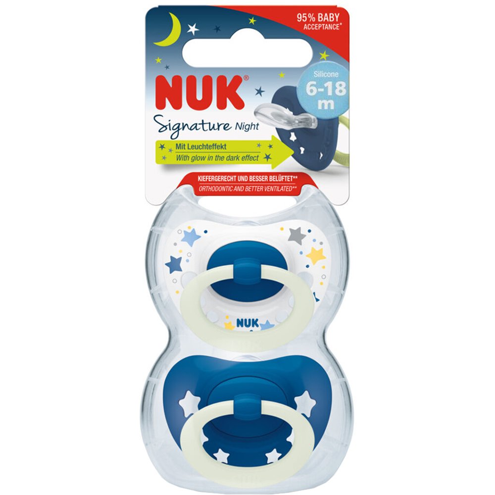 Nuk Nuk Signature Night Silicone Soother 6-18m Ορθοδοντική Πιπίλα Σιλικόνης με Κρίκο που Λάμπει στο Σκοτάδι 2 Τεμάχια - Μπλε