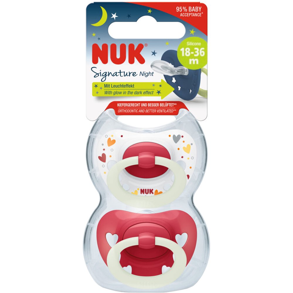Nuk Signature Night Silicone Soother 18-36m Ορθοδοντική Πιπίλα Σιλικόνης με Κρίκο που Λάμπει στο Σκοτάδι 2 Τεμάχια - Κόκκινο