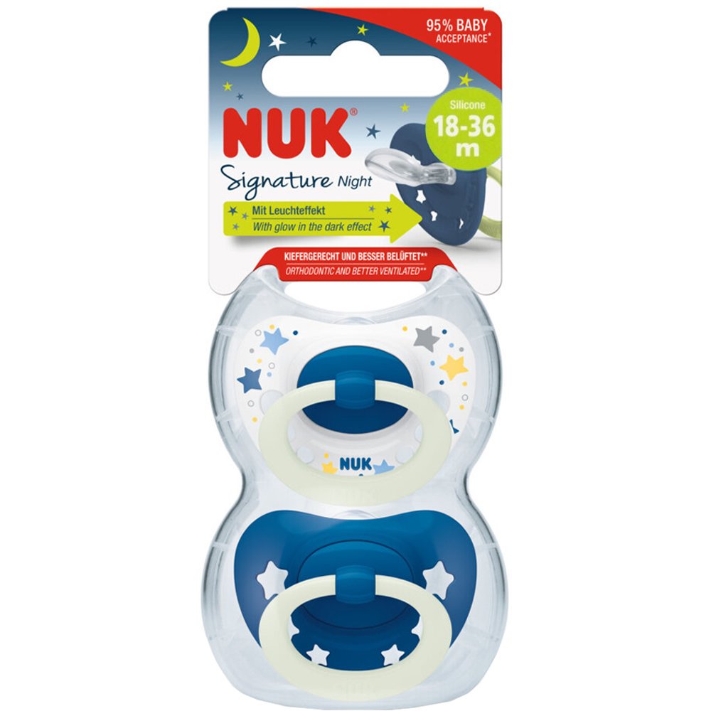 Nuk Signature Night Silicone Soother 18-36m Ορθοδοντική Πιπίλα Σιλικόνης με Κρίκο που Λάμπει στο Σκοτάδι 2 Τεμάχια - Μπλε