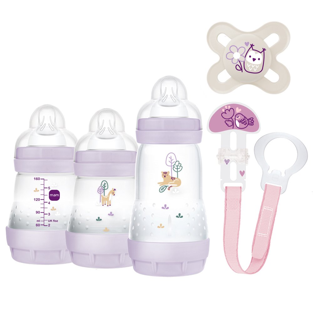Mam Mam Promo Welcome to the World Newborn Gift Set 0m+, Κωδ 660Gc 1 Τεμάχιο - Μωβ,Βρεφικό Σετ με 3 Μπιμπερό & 1 Πιπίλα & 1 Κορδέλα Στήριξης Πιπίλας
