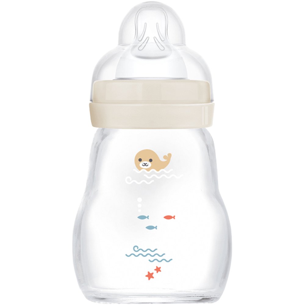 Mam Mam Feel Good Premium Glass Baby Bottle 0m+, Κωδ 370SUc Γυάλινο Μπιμπερό με Θηλή Σιλικόνης με Μικρή Ροή 170ml - Κρεμ